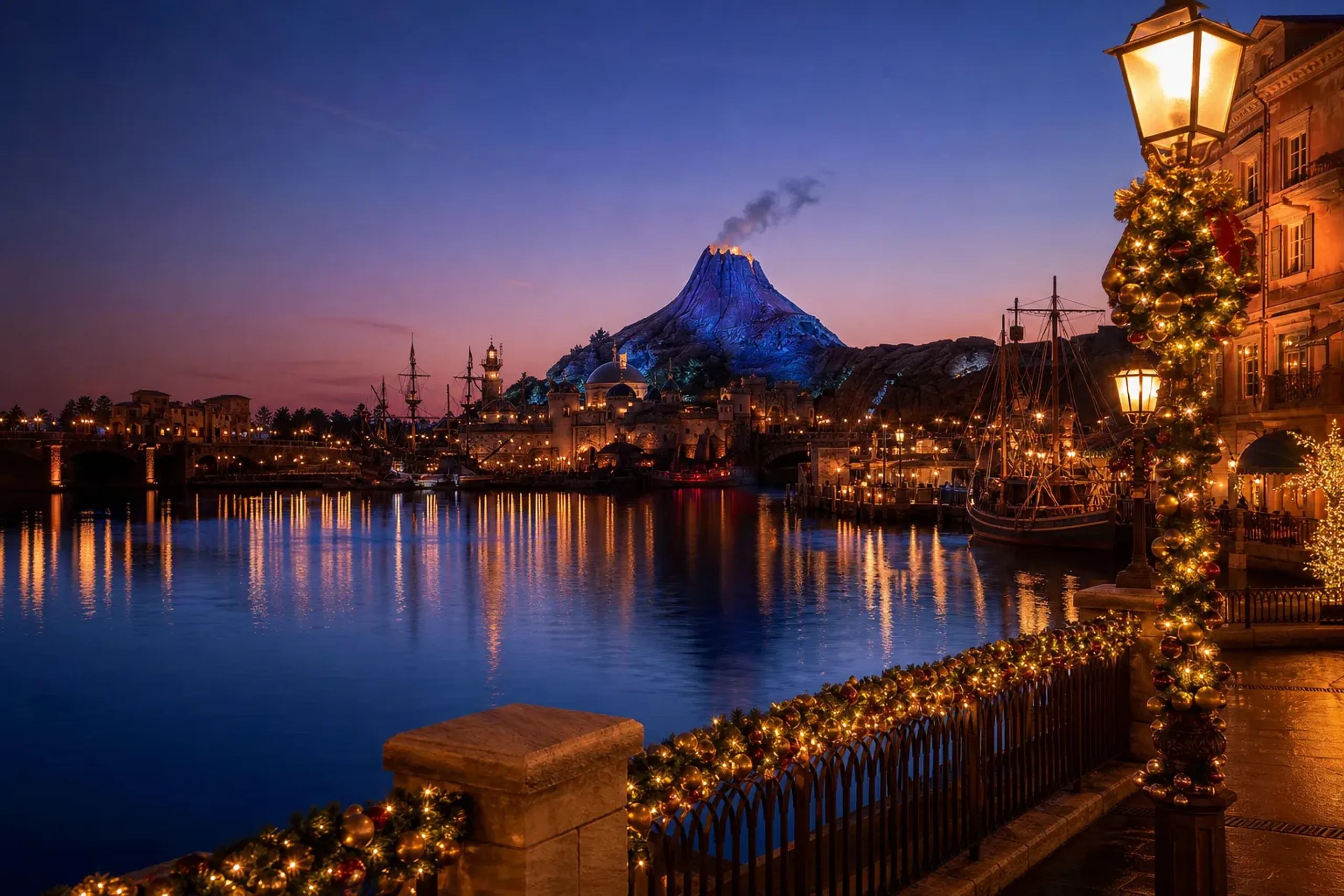 the Mediterranean Harbor waterfront of Tokyo DisneySea at dusk, with the Fortress and Mount Prometheus volcano silhouetted against winter twilight