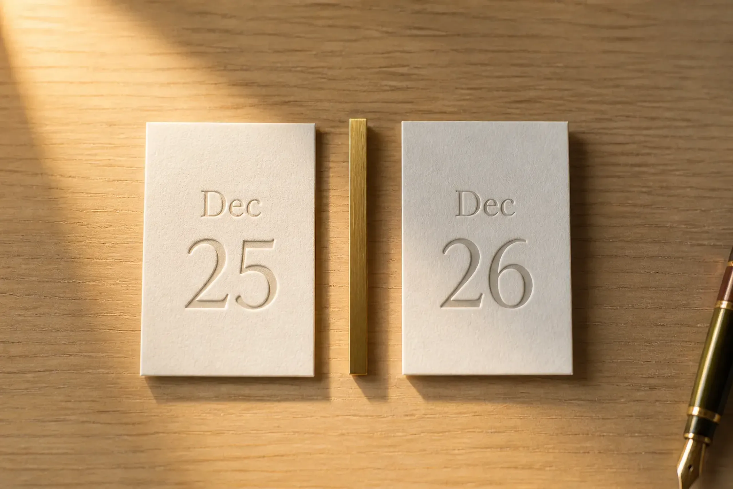 Two date cards showing Dec 25 and Dec 26 placed side by side on a desk