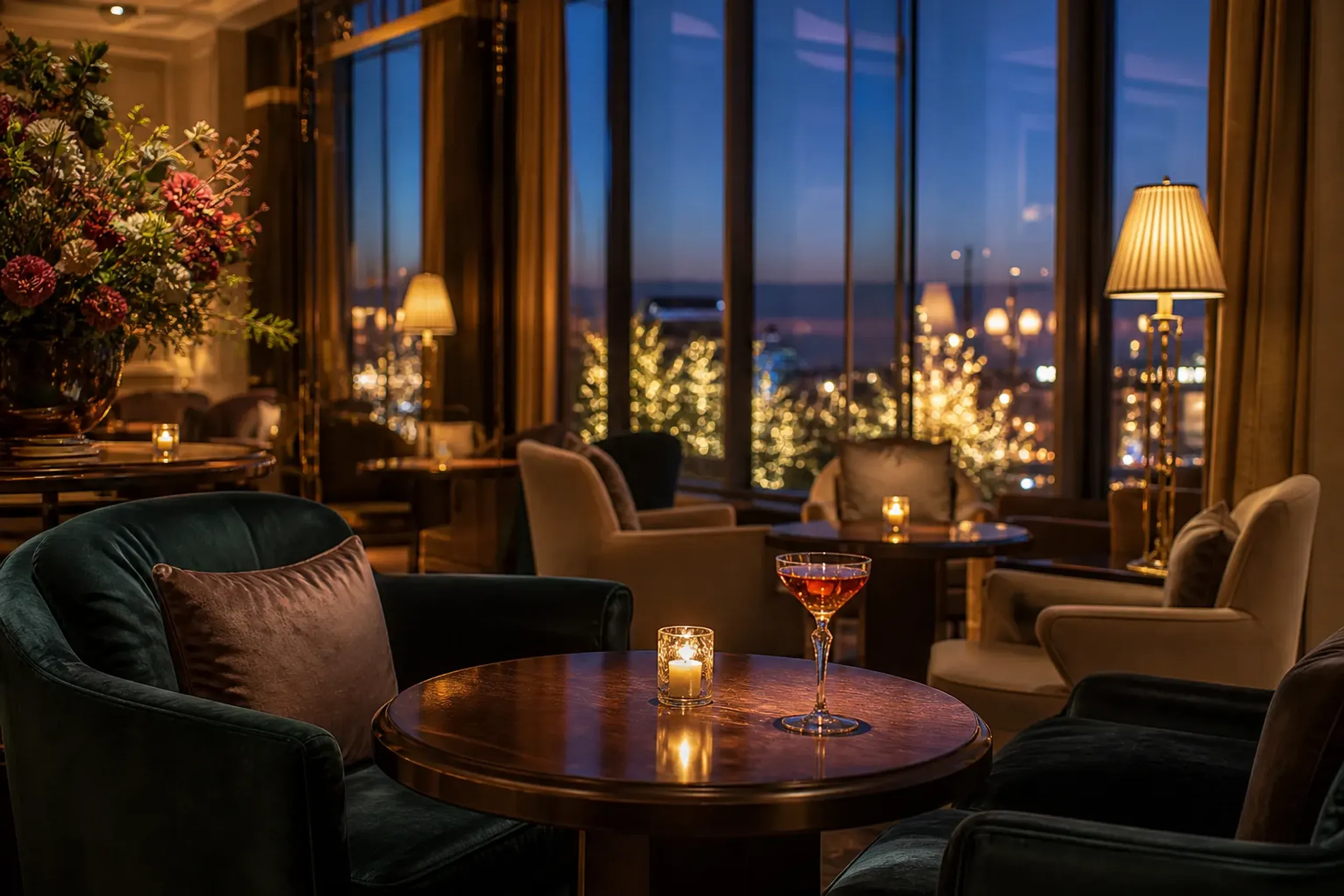 Upscale hotel lounge seating area with armchairs and warm lighting