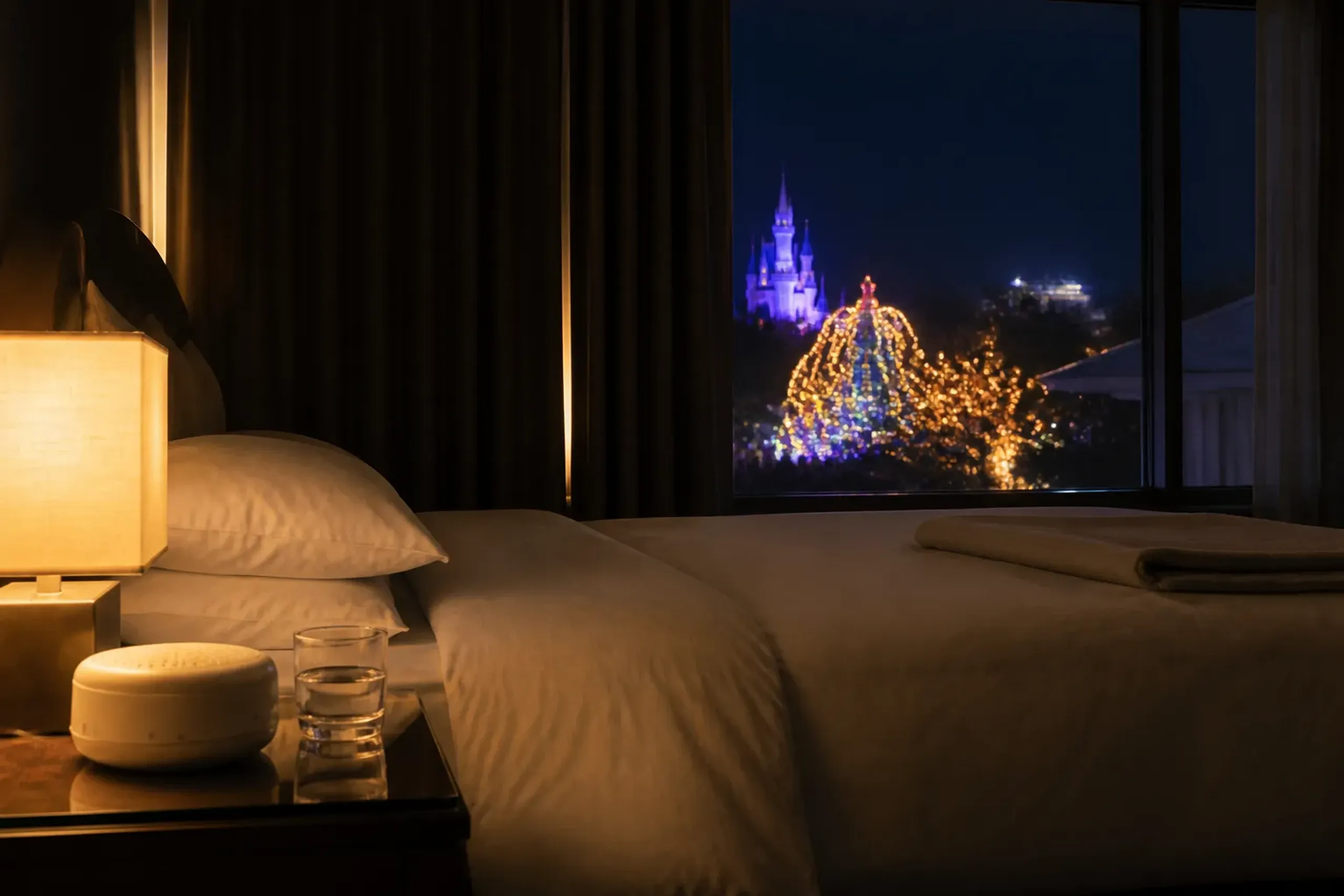 Hotel bedroom at night with a white-noise machine on the bedside table