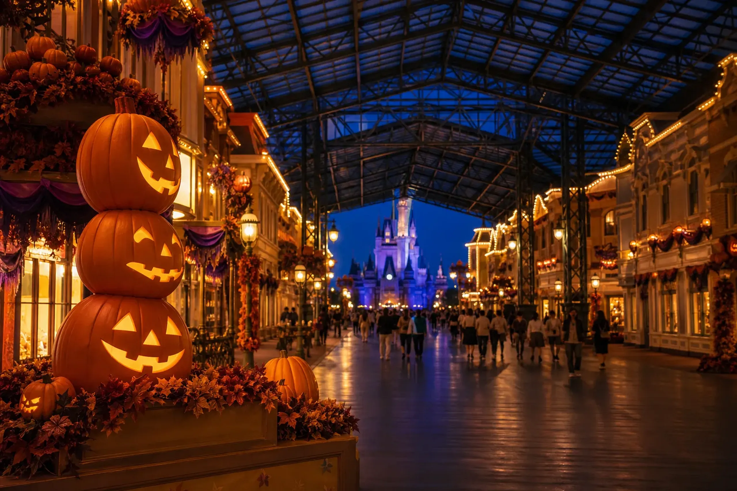Tokyo Disneyland World Bazaar decorated for Halloween at dusk with warm lights and guests entering