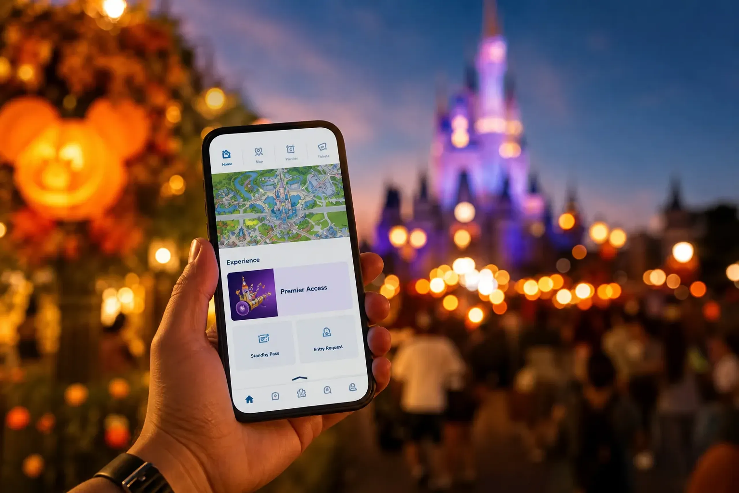 Hand holding a smartphone with the Tokyo Disney Resort app while Tokyo Disneyland is blurred in the background