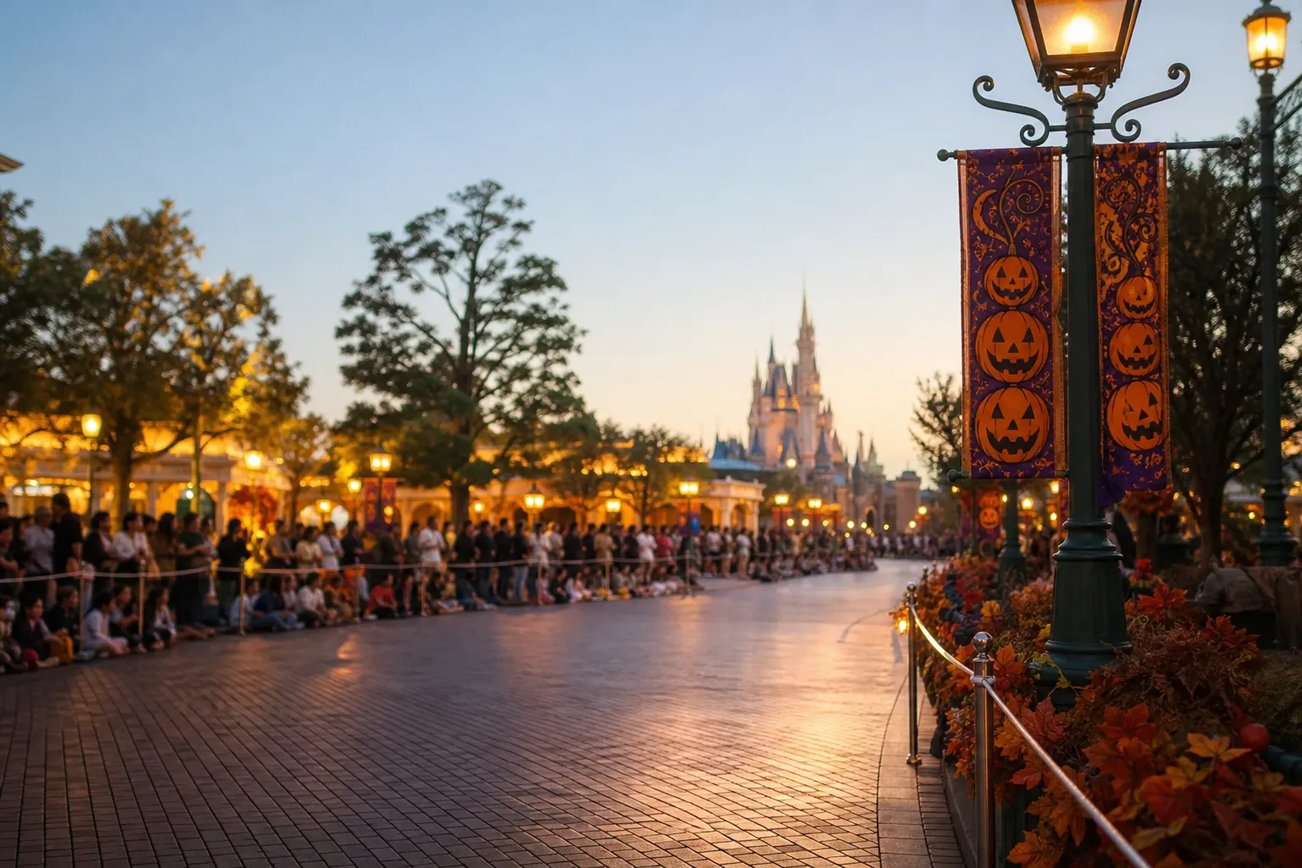 Tokyo Disneyland parade route with Halloween banners and viewing area ropes visible