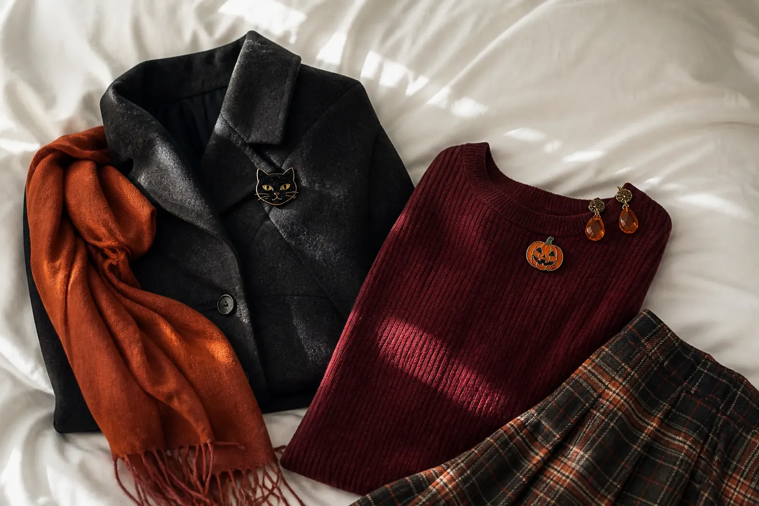 Fall-toned outfit and subtle accessories laid out for a DisneyBound-style look