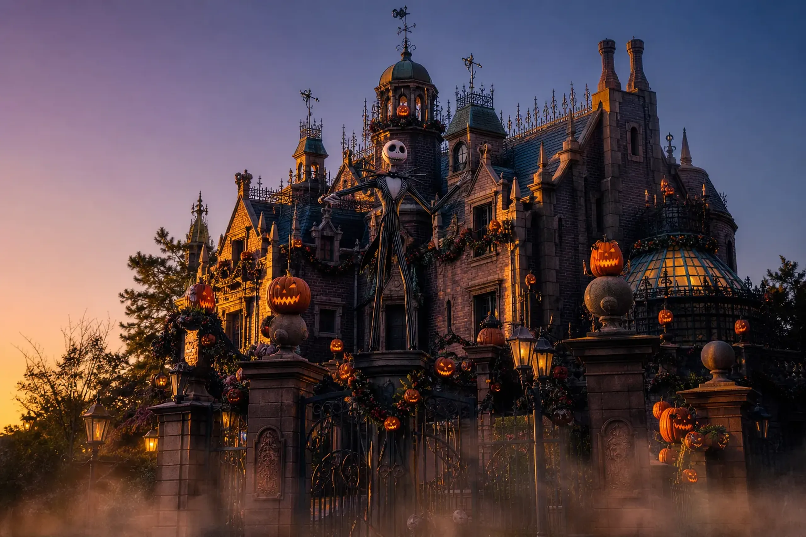 The Haunted Mansion at Tokyo Disneyland transformed for its 'Holiday Nightmare' overlay, its Gothic facade draped with Jack Skellington figures and glowing jack-o'-lanterns from Tim Burton's The Night