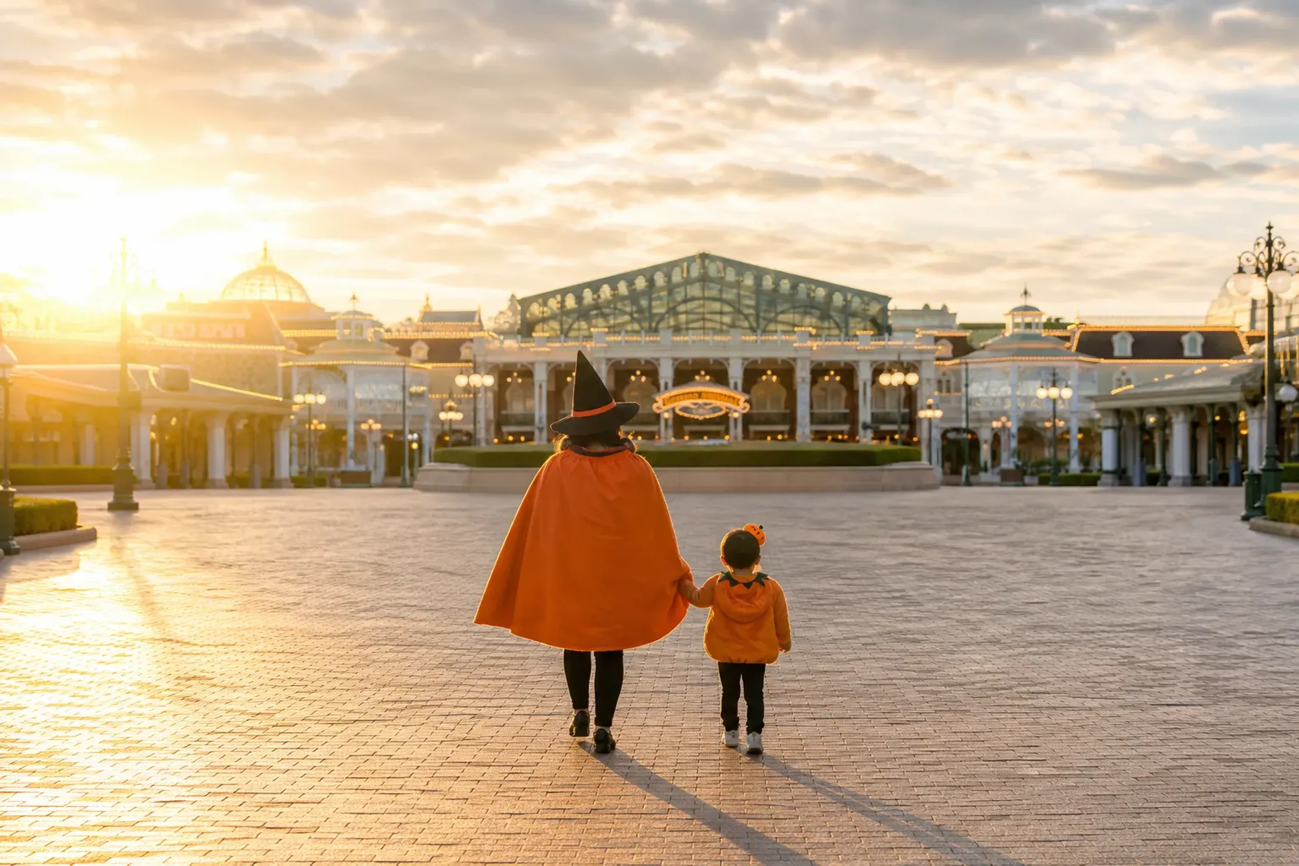 Adult and child in Halloween-themed outfits walking toward Tokyo Disney Resort entrance in the morning