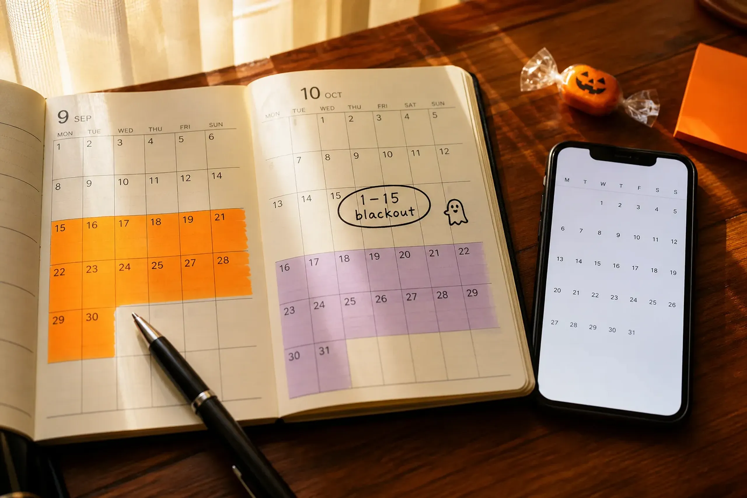 Notebook with highlighted Tokyo Disney Halloween costume windows and October blackout dates