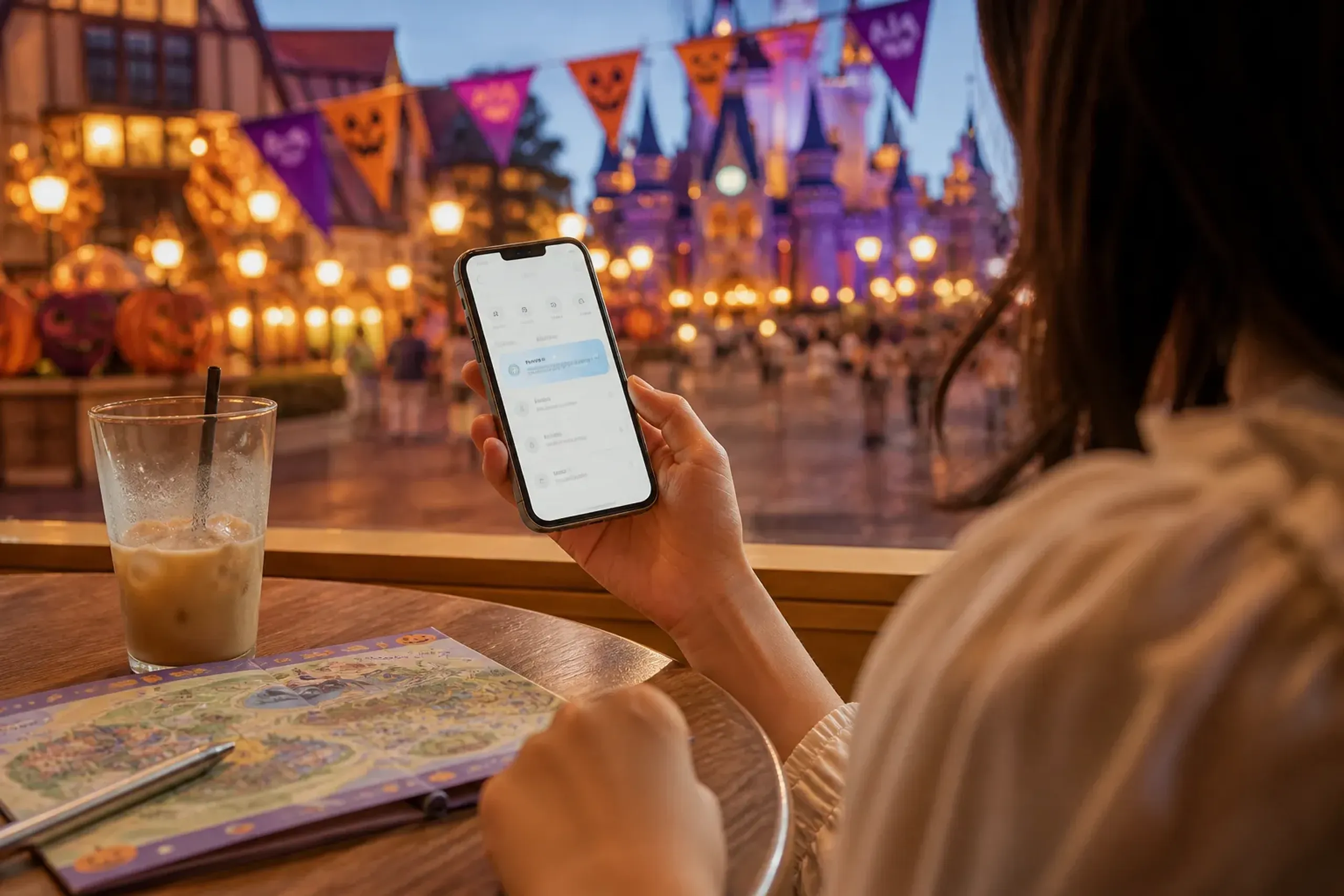 Adult checking a smartphone next to a park map and pen while planning a Tokyo Disney day