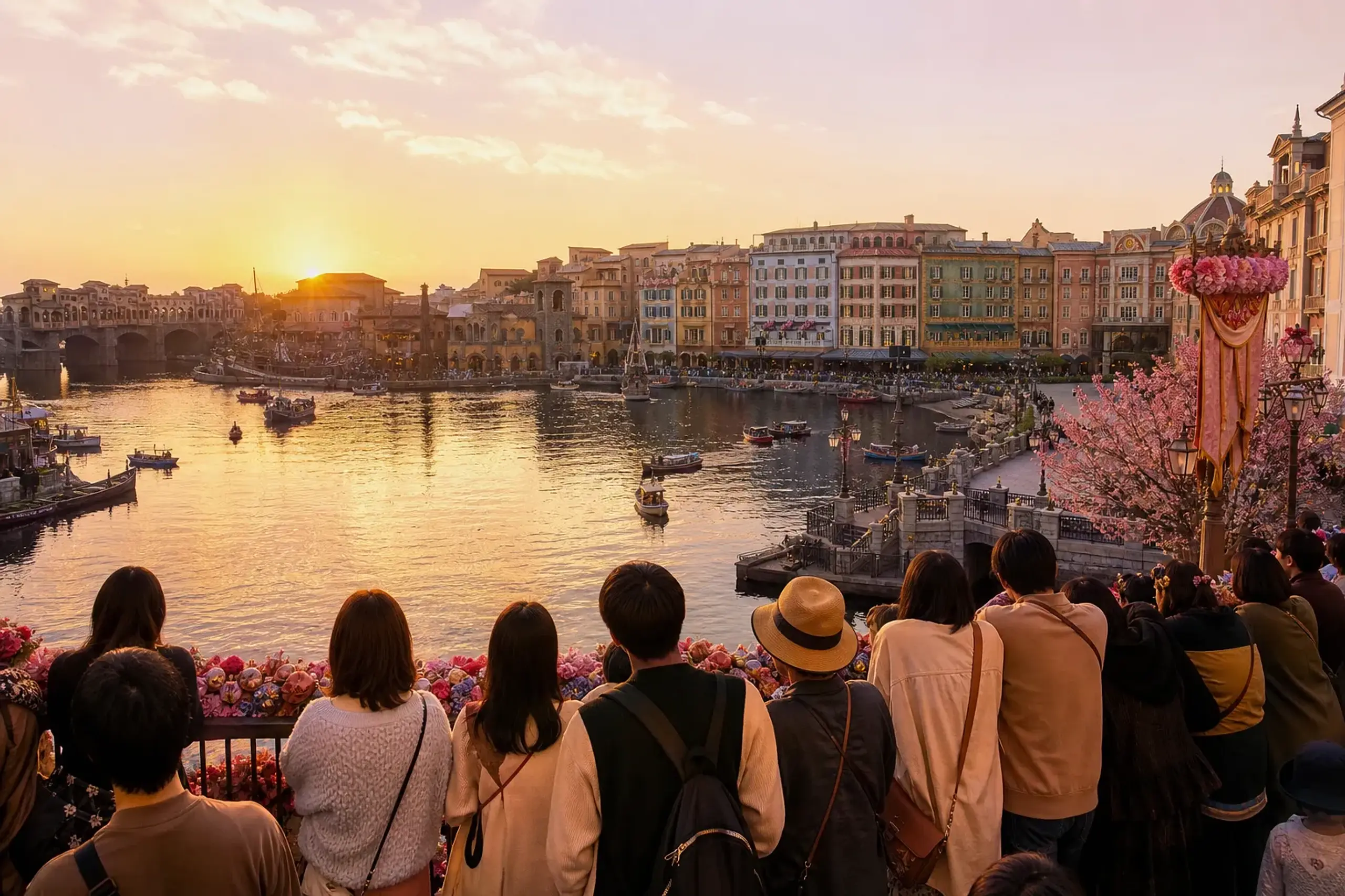 Guests watching a harbour area performance space at Tokyo DisneySea from behind