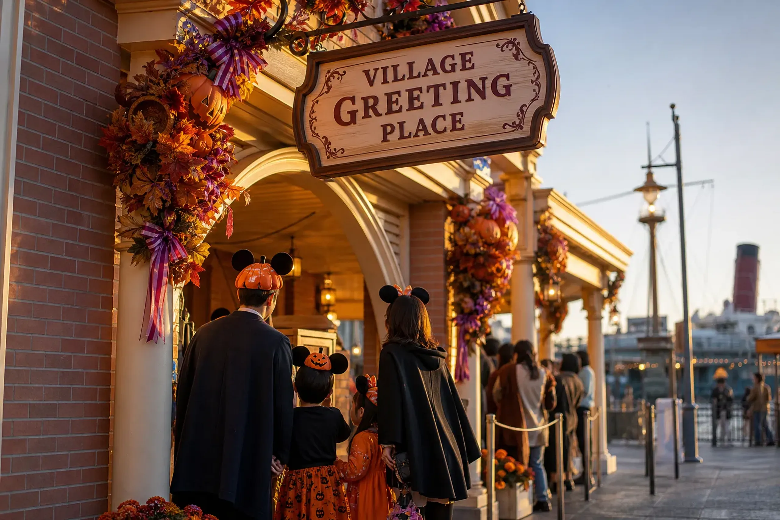 The American Waterfront Village Greeting Place signage and themed greeting building at Tokyo DisneySea