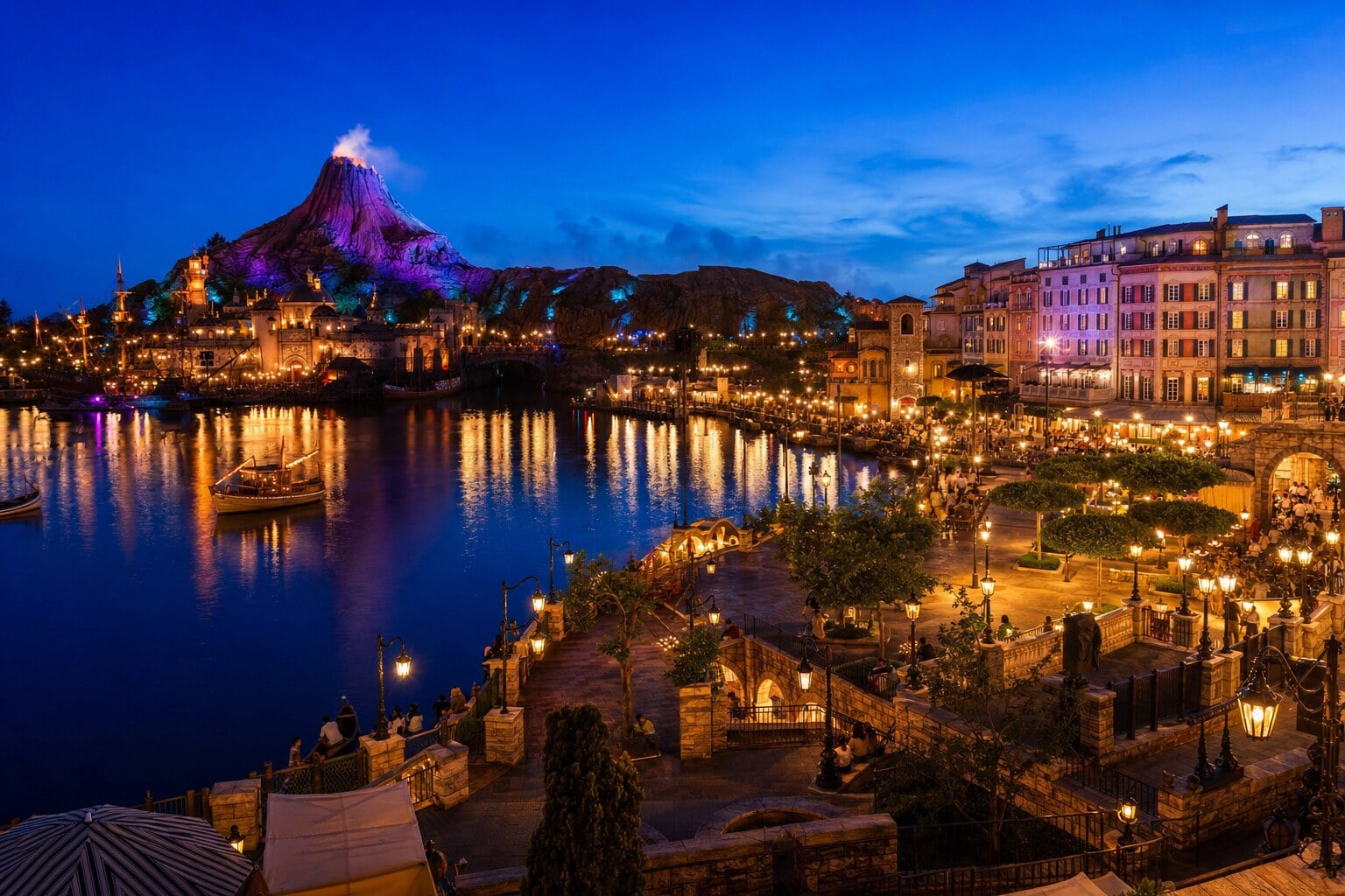 Mediterranean Harbor at Tokyo DisneySea at dusk with lights reflecting on the water