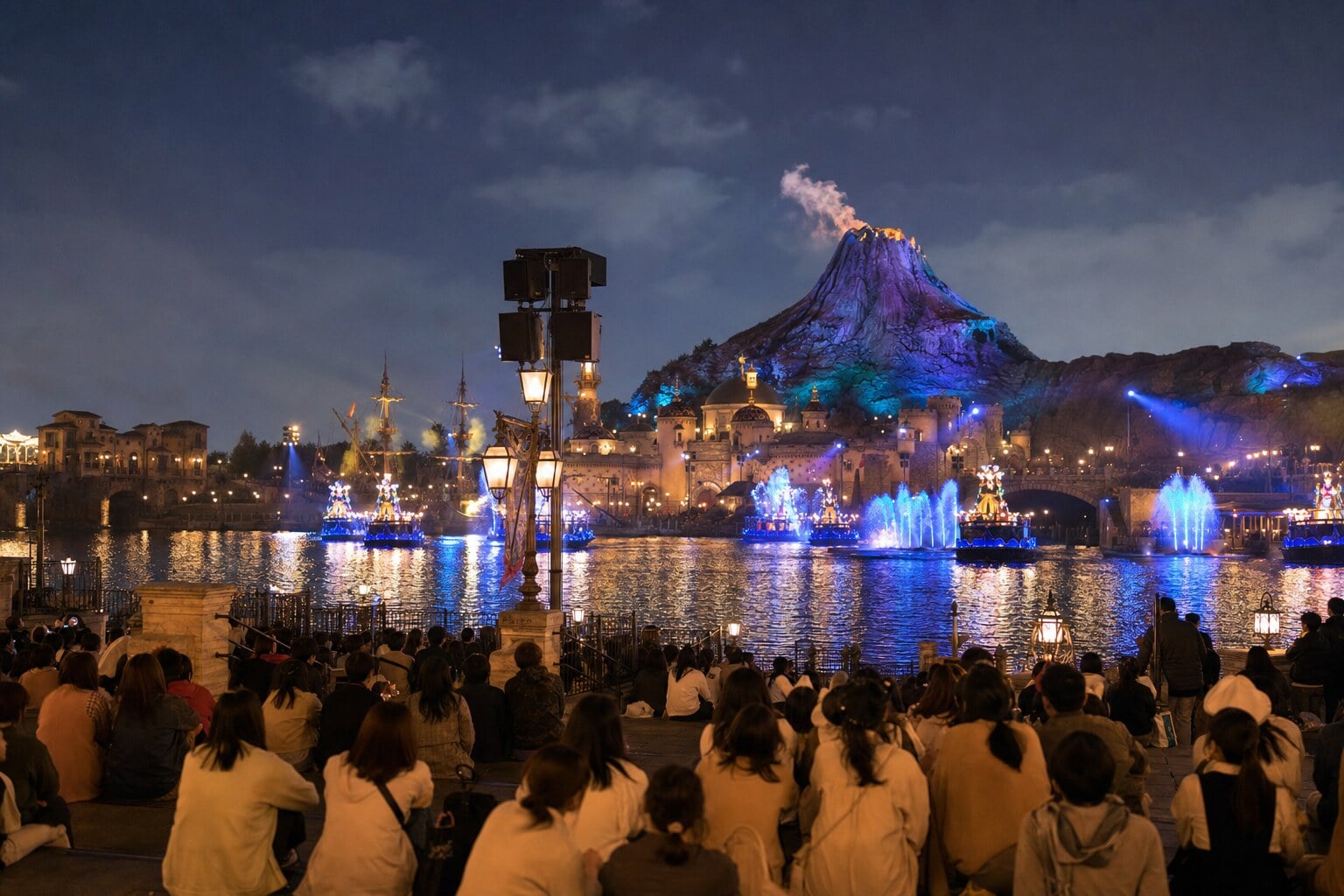 Guests seated for nighttime entertainment viewing at Tokyo DisneySea with stage lights ahead