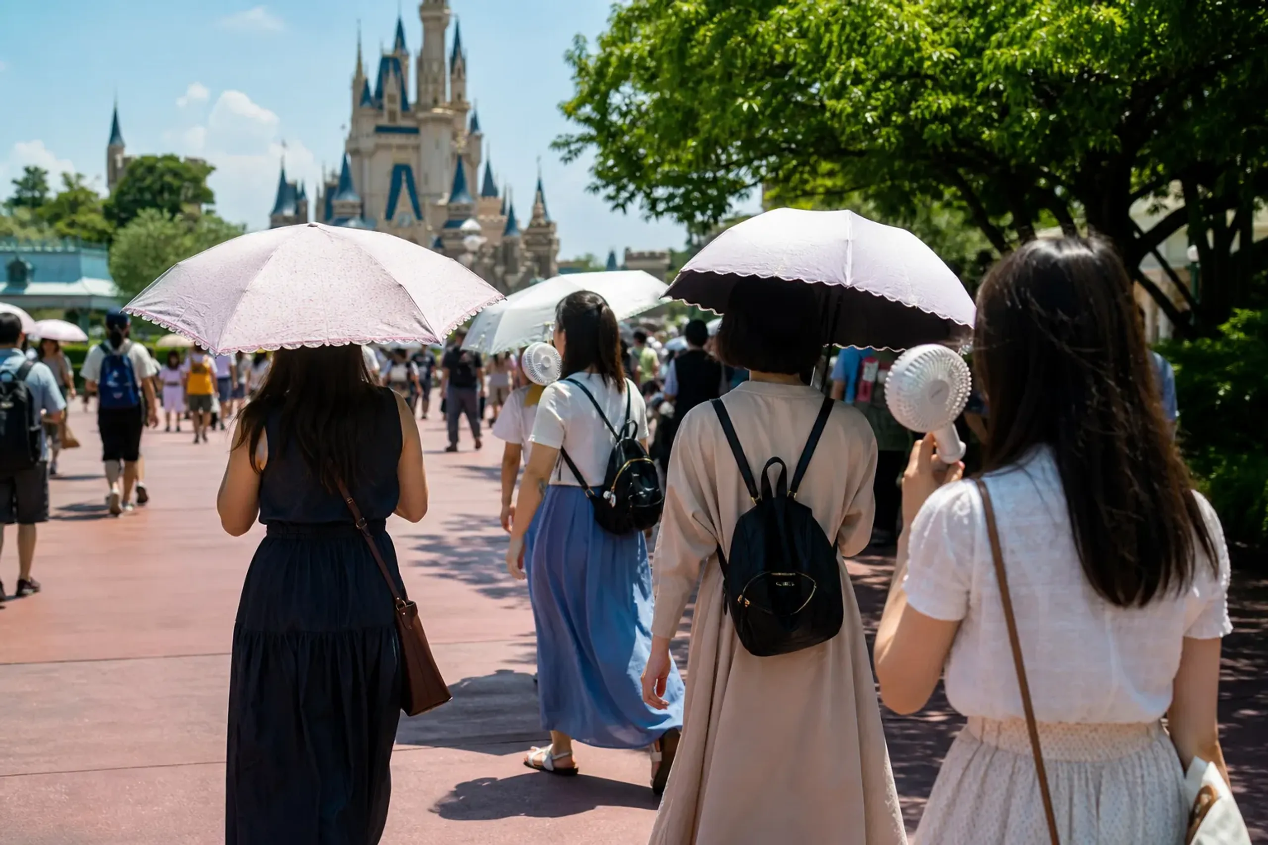 Guests walking at Tokyo Disney Resort in summer heat with parasols and portable fans