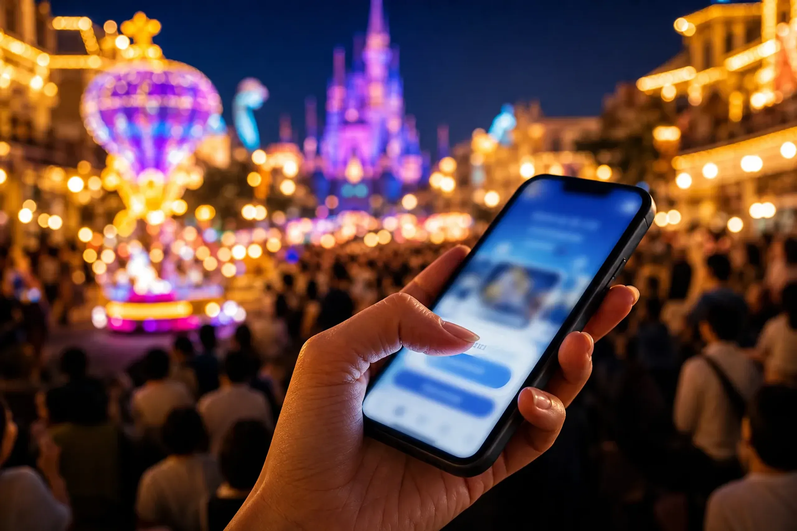 Person using the Tokyo Disney Resort App on a smartphone to manage Premier Access