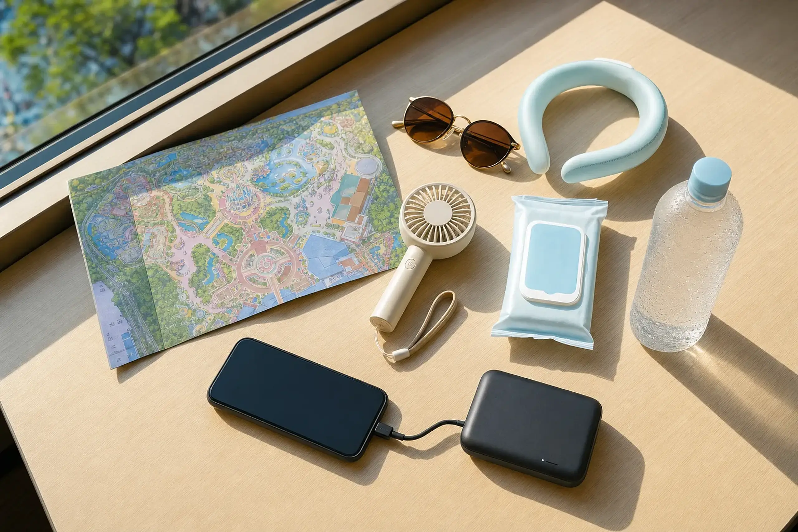 Cooling wipes, neck cooler, portable fan, water bottle, and power bank prepared for a Tokyo Disney summer day