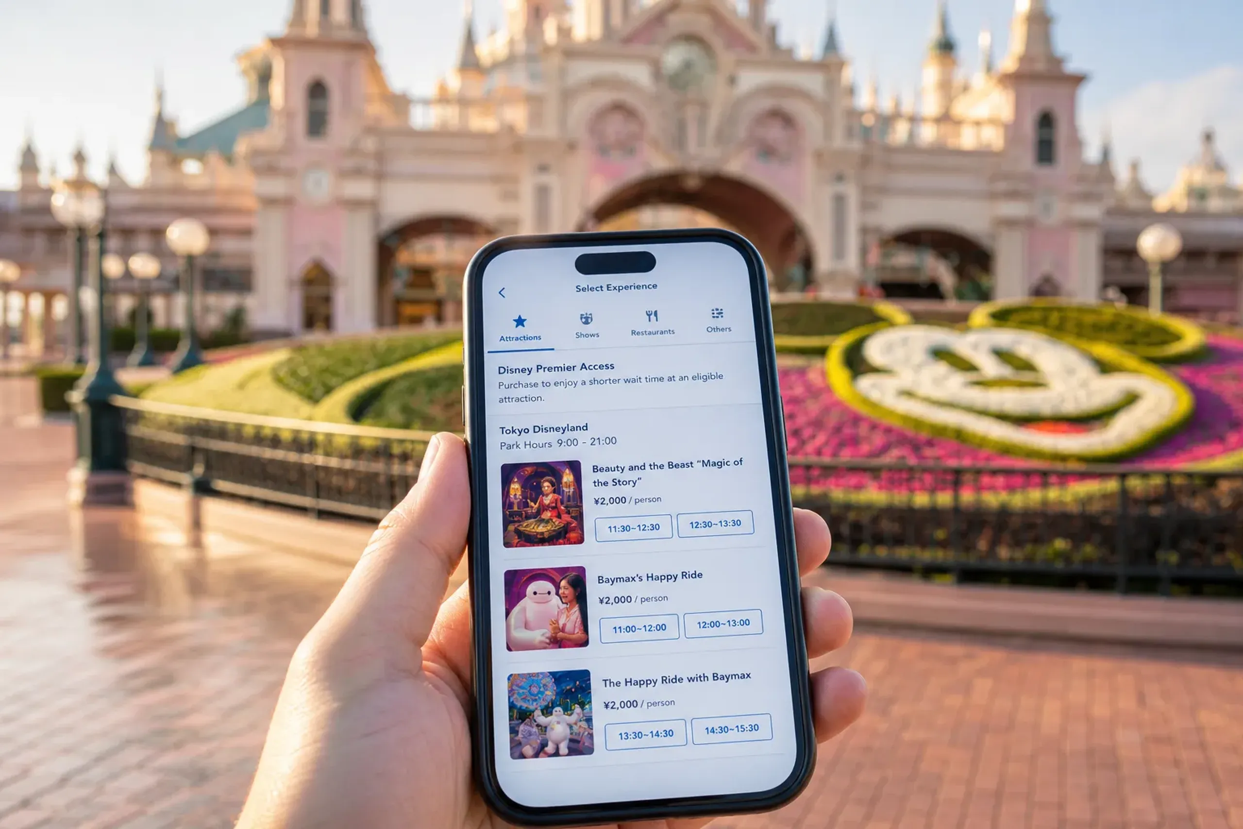 The Tokyo Disney Resort App open on a smartphone screen showing the Disney Premier Access purchase interface with reserved return time windows, held in bright morning sunlight near the entrance of Tok