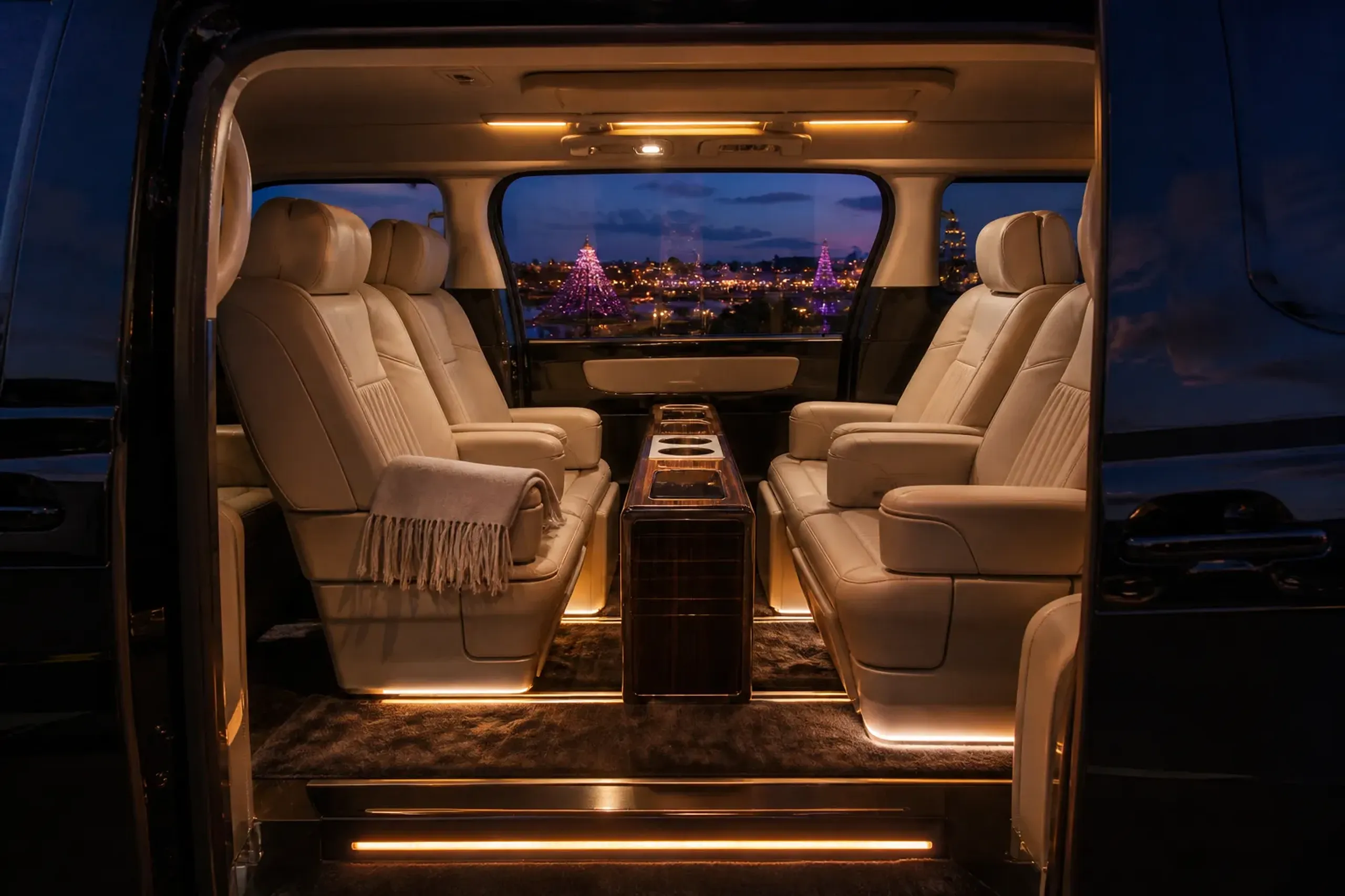 Spacious luxury van interior used for private chauffeur transportation in Tokyo