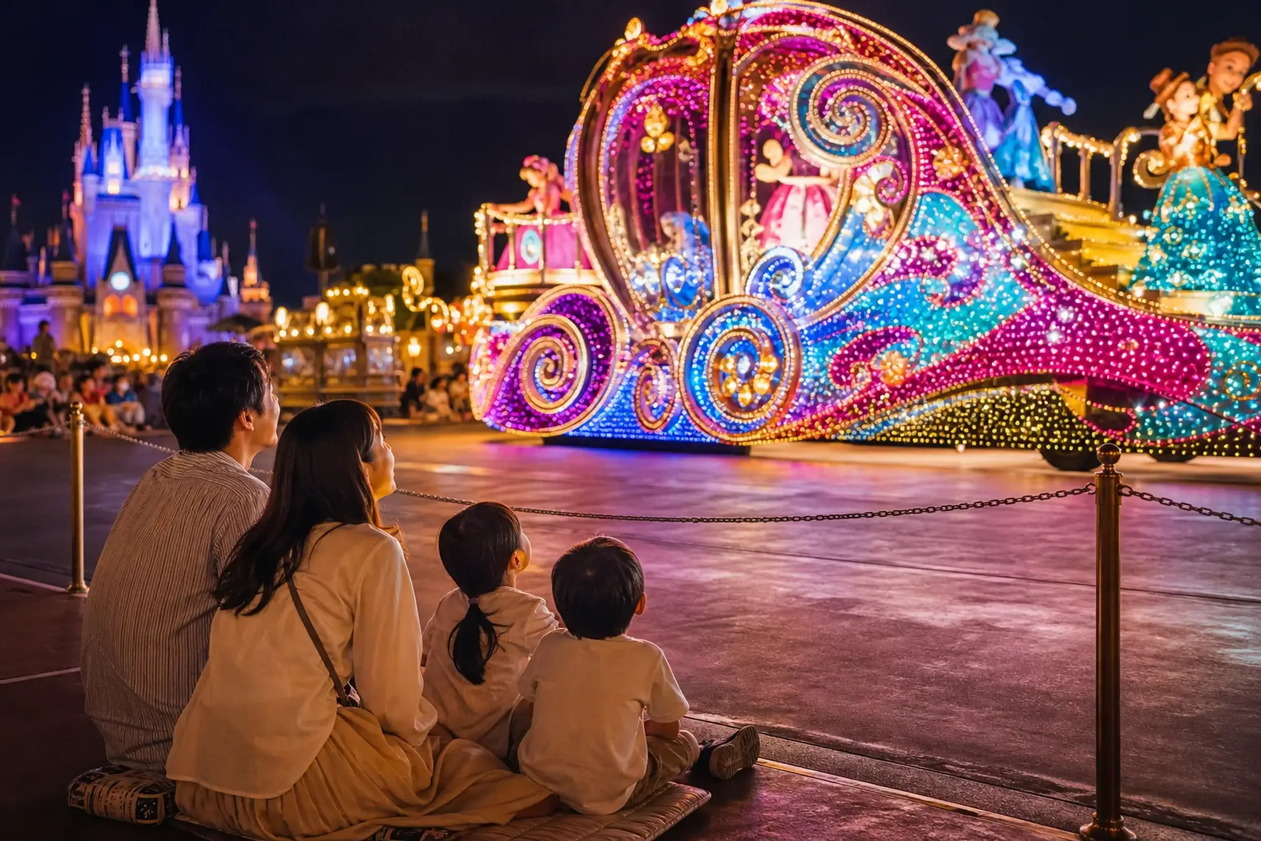 Illuminated nighttime parade floats viewed from a comfortable reserved seating area