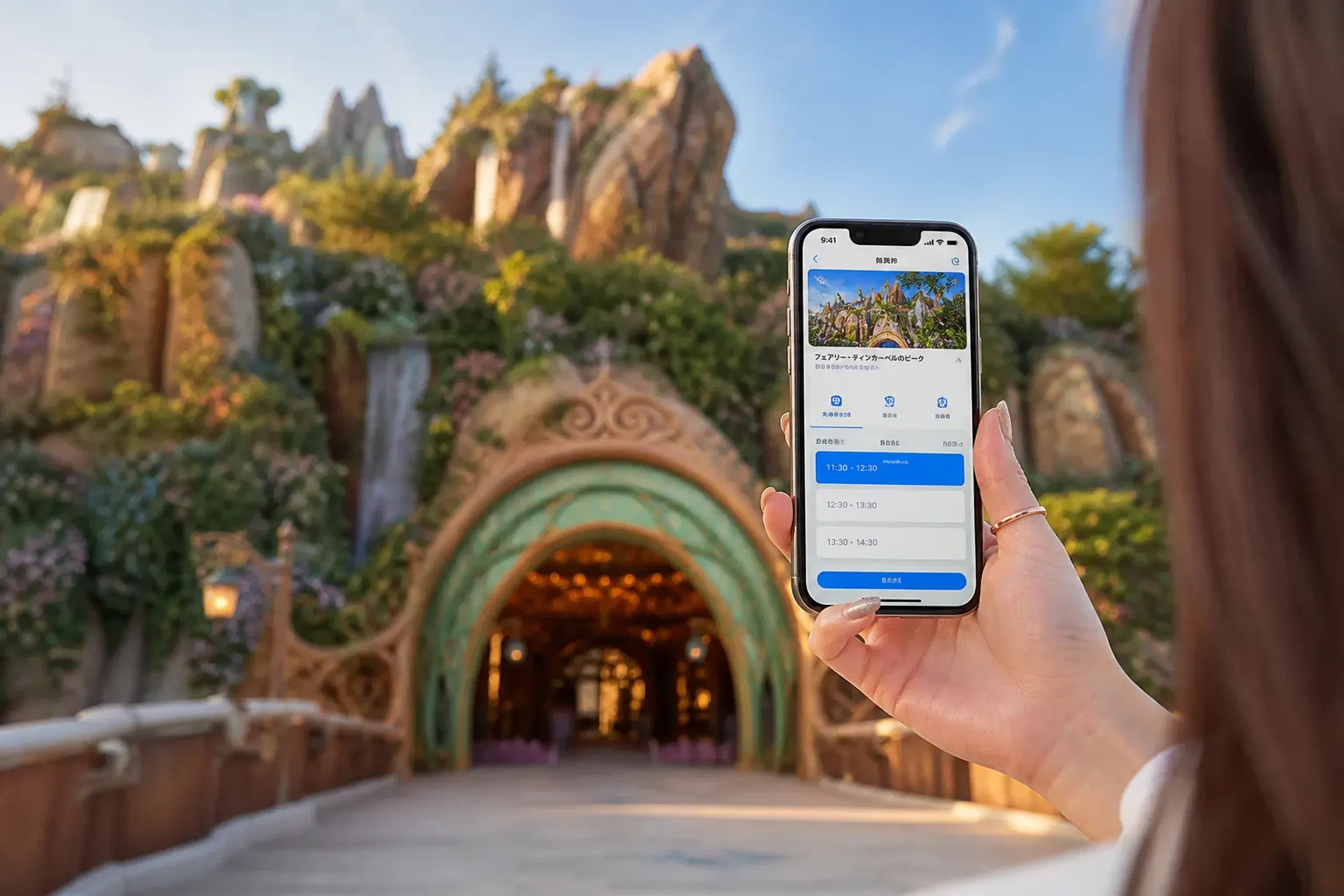 The official Tokyo Disney Resort App open on a smartphone screen displaying the Disney Premier Access purchase interface with a selectable time window, held up against the backdrop of the Fantasy Spri