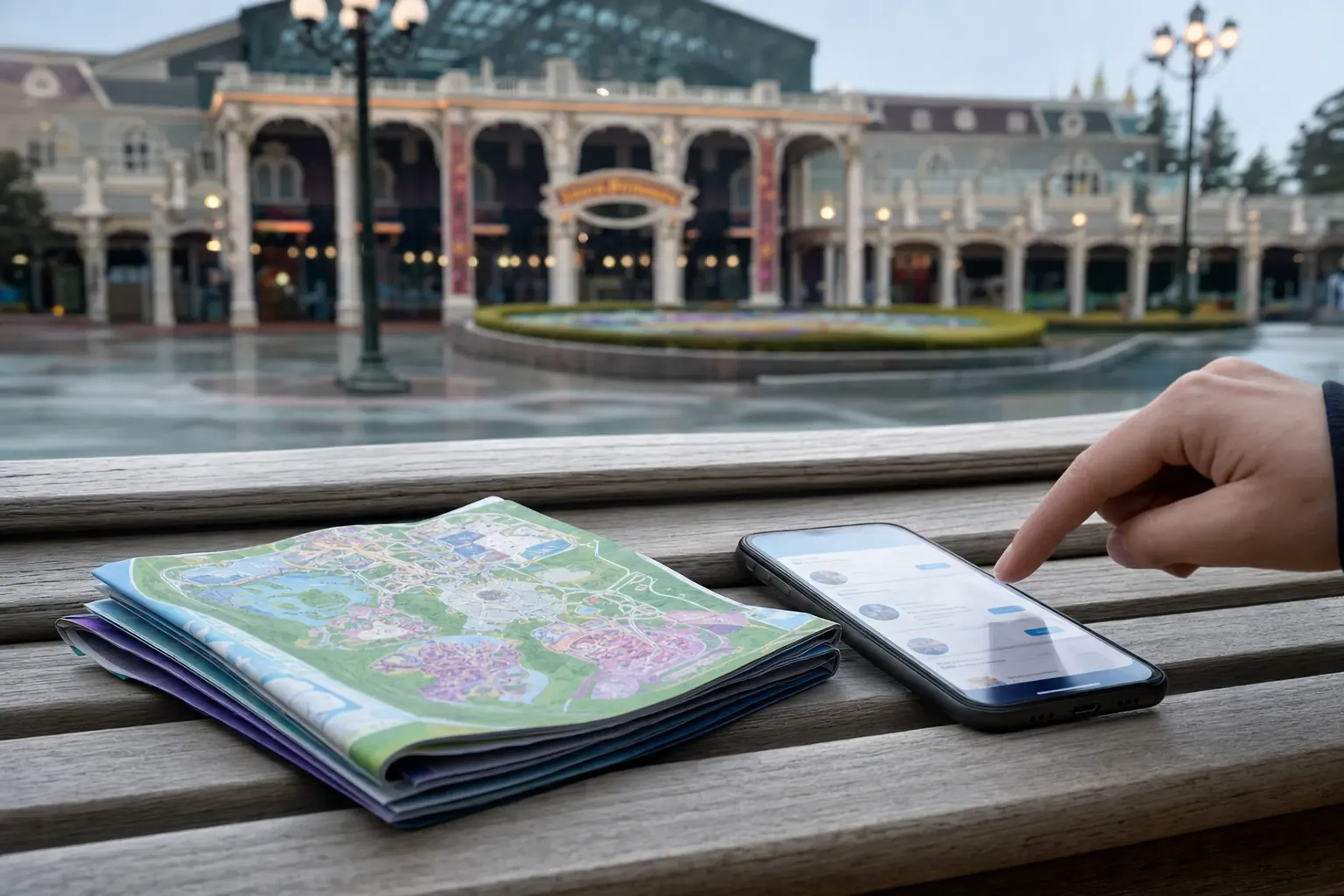 Smartphone and park map used for planning at Tokyo Disney Resort