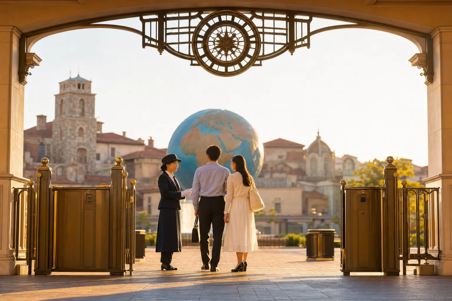 Tokyo DisneySea entrance in the morning with guests arriving and signage visible