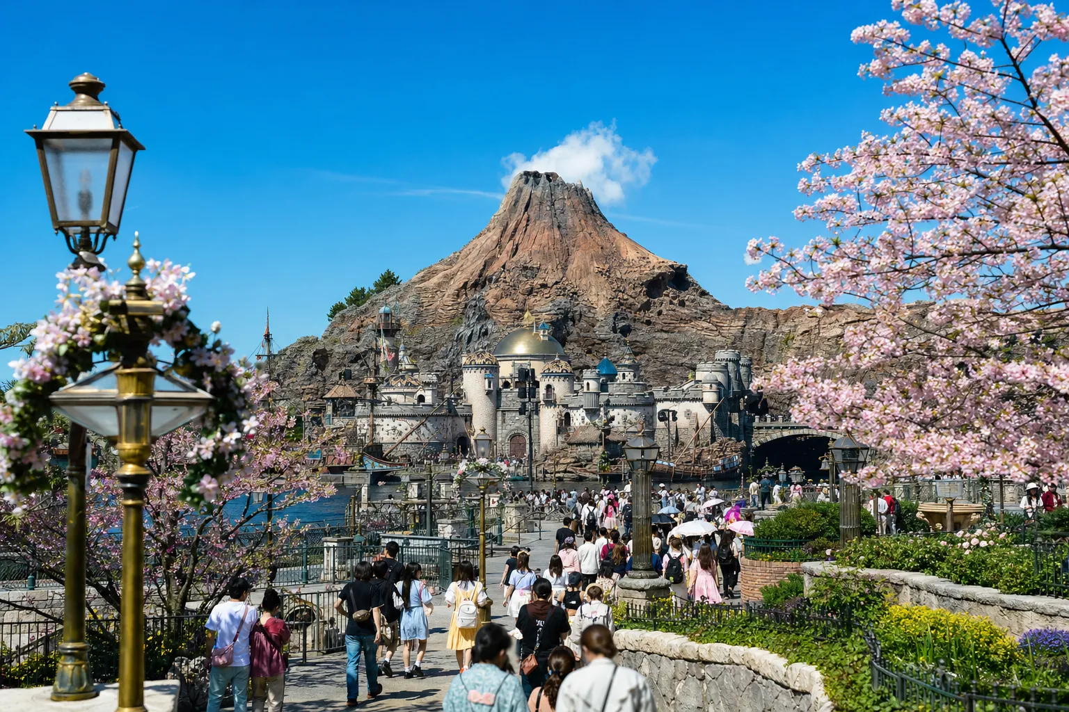 Vibrant theme park scene with a crowd near a volcano and dome during the day. — Photo by Yan - on Pexels