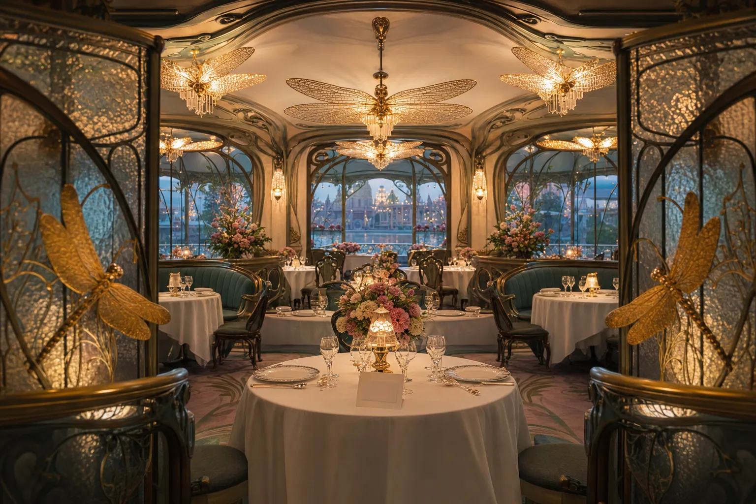 The elegant French fine dining interior of La Libellule at Tokyo DisneySea Fantasy Springs Hotel Grand Chateau.