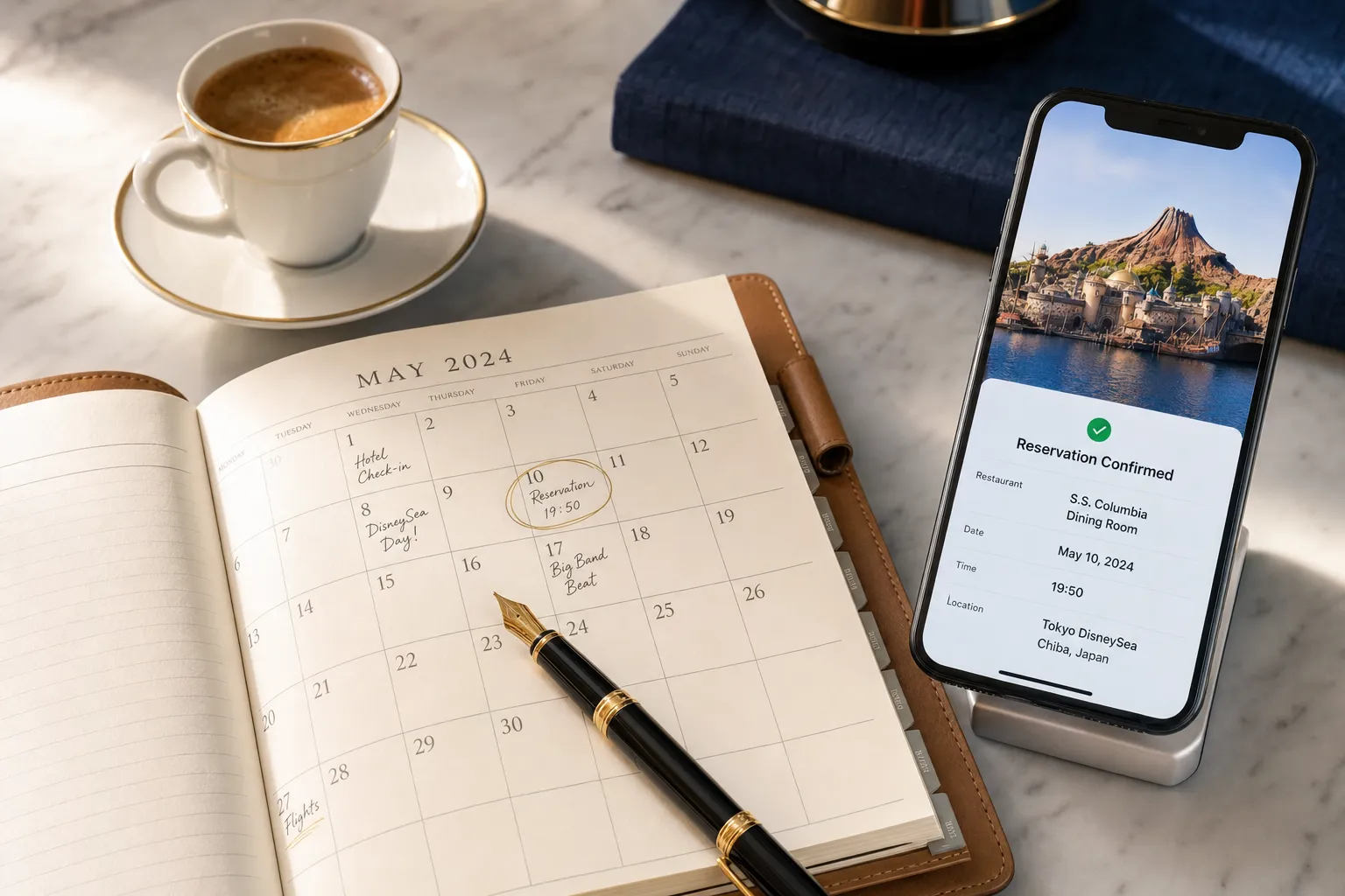 Open leather planner on a marble desk with May 2024 calendar, beside a cup of espresso, a gold-trim pen, and a smartphone showing a reservation confirmed.