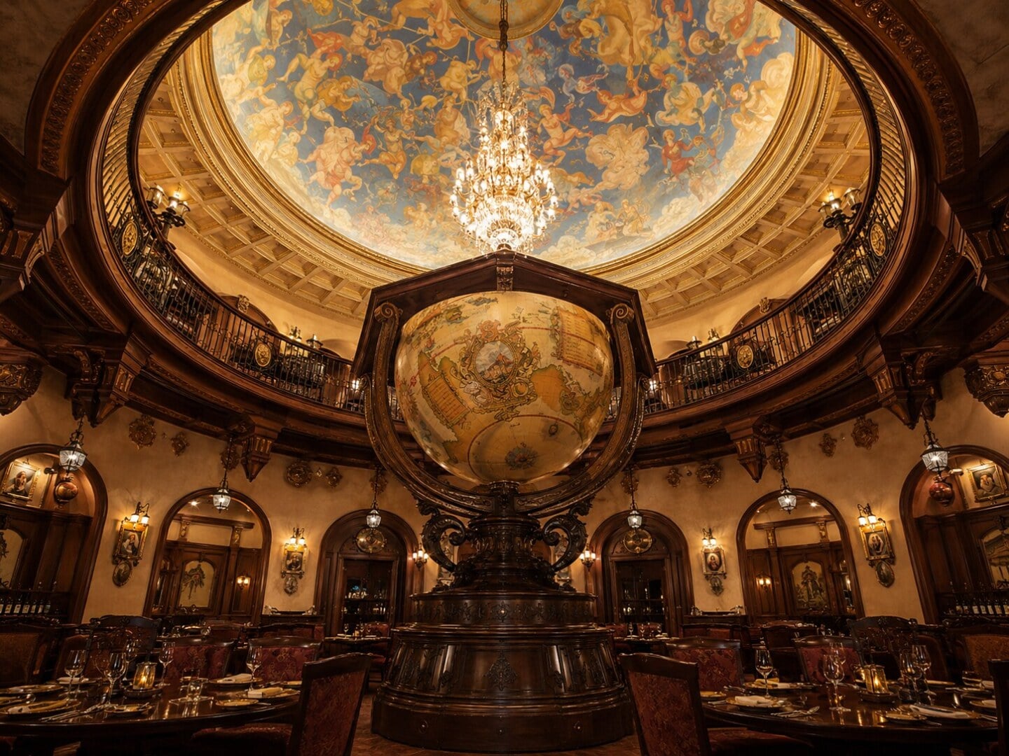 Opulent dining hall with a large world globe centerpiece, dark wood carvings, and warm chandeliers beneath a painted domed ceiling