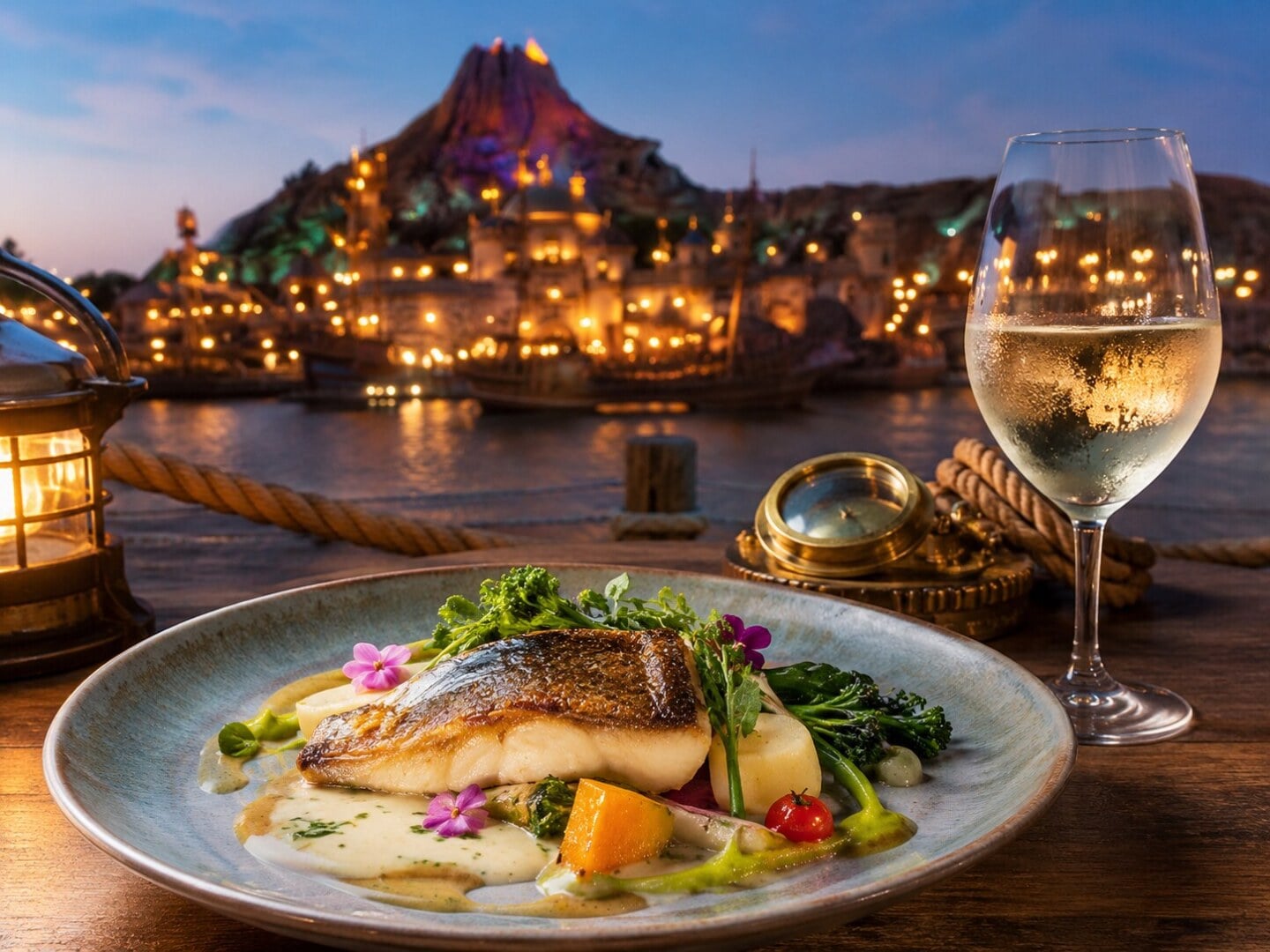 Seared fish fillet on a blue plate with vegetables and herbs, next to a glass of white wine by a lantern-lit harbor at dusk.