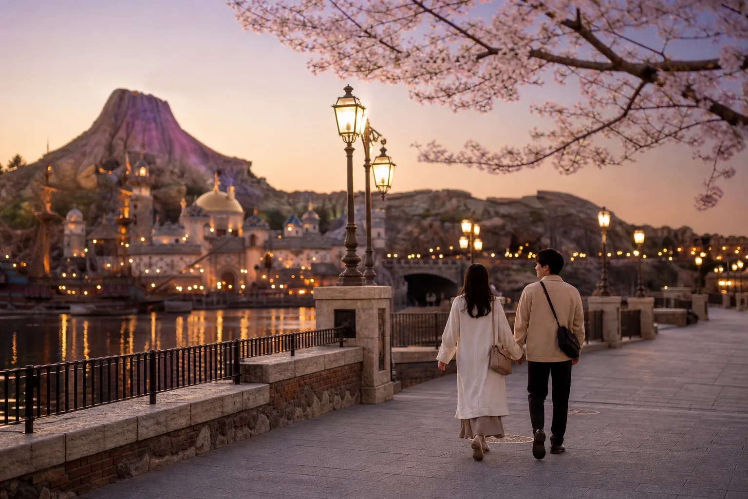 Couple strolling at Tokyo DisneySea at dusk with warm lights reflecting on the water