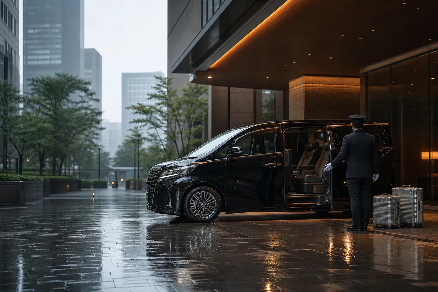 Chauffeured black luxury minivan at a Tokyo hotel driveway at night with luggage