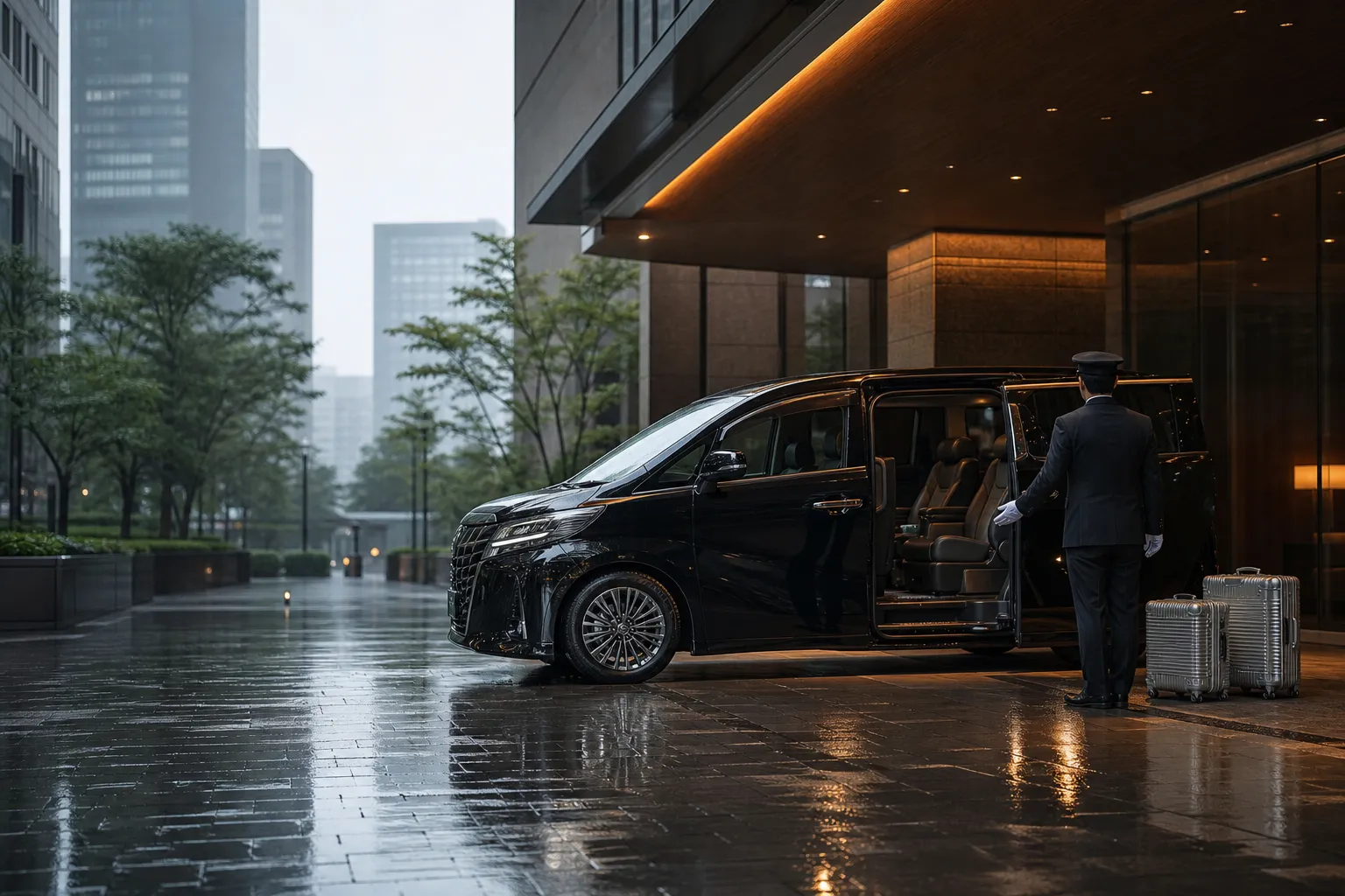 Chauffeured black luxury minivan at a Tokyo hotel driveway at night with luggage