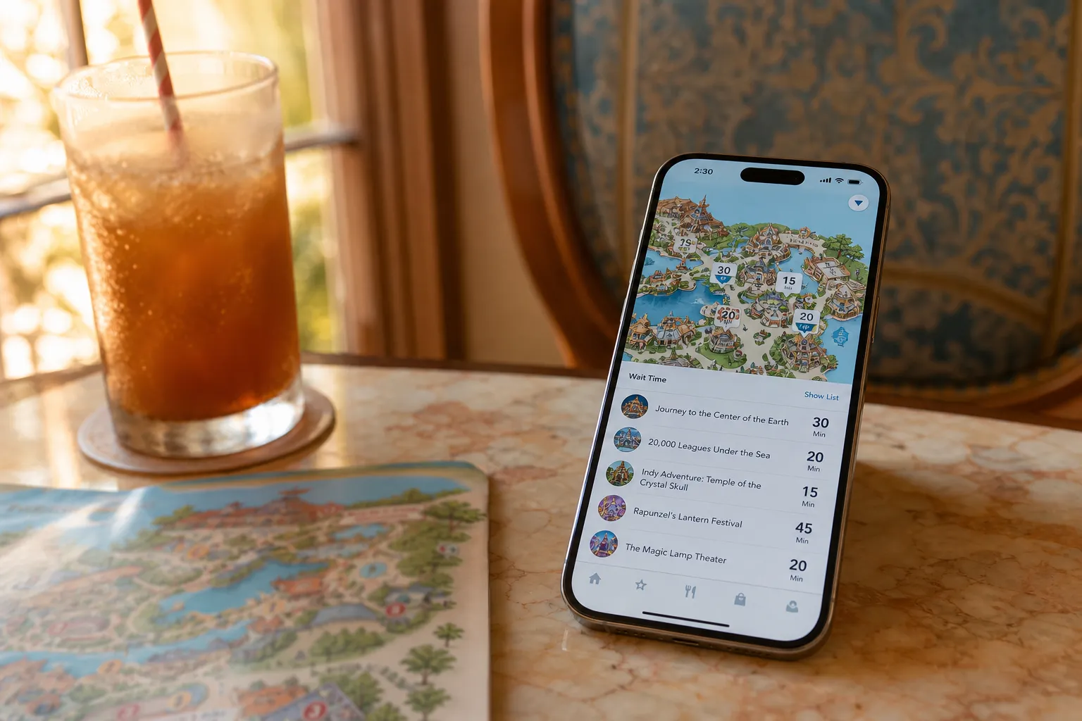 Smartphone with Tokyo Disney Resort app on a table next to a drink and park map indoors