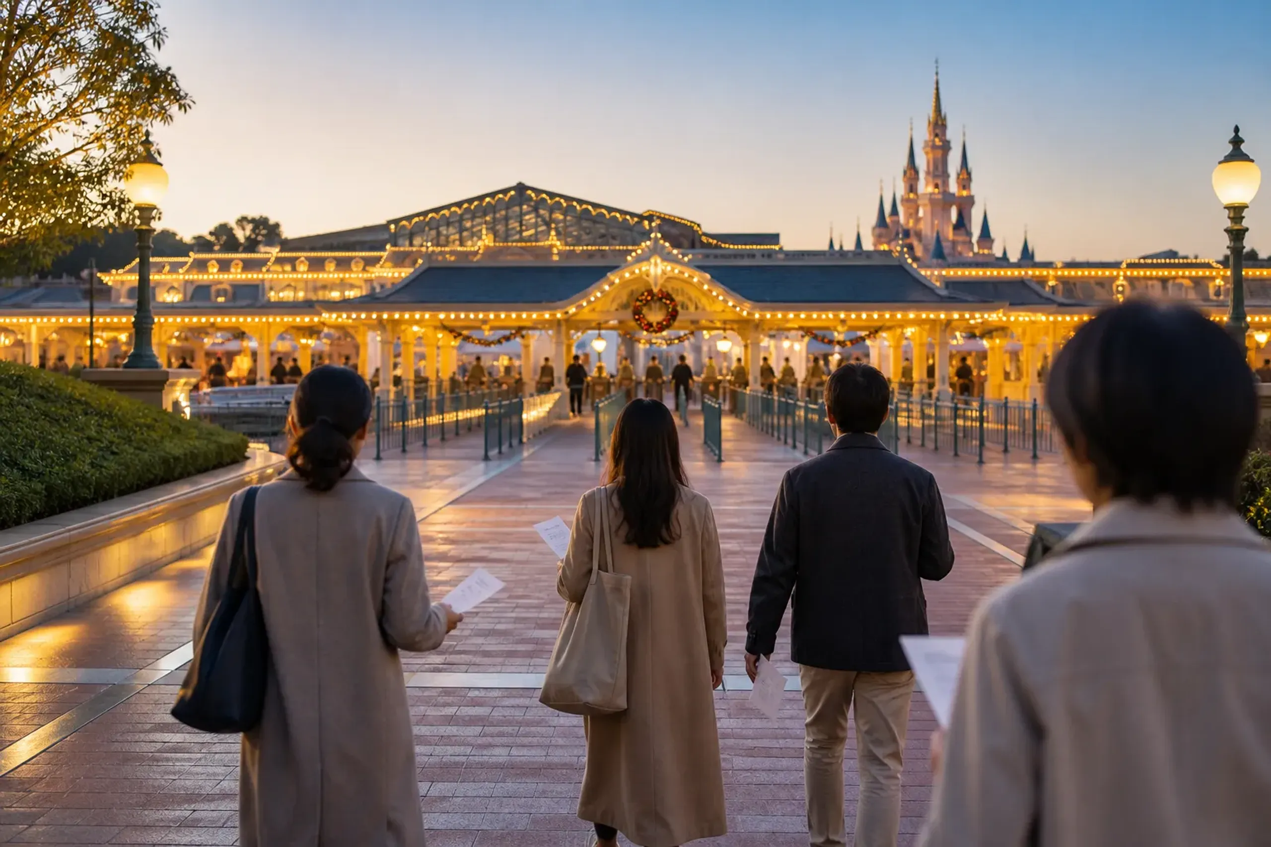 Guests walking toward an entrance gate in the early morning light