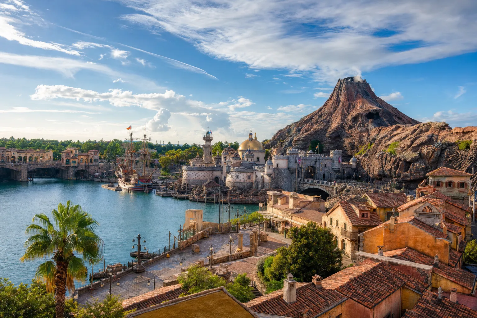 Tokyo DisneySea harbor illuminated at dusk with calm water reflections