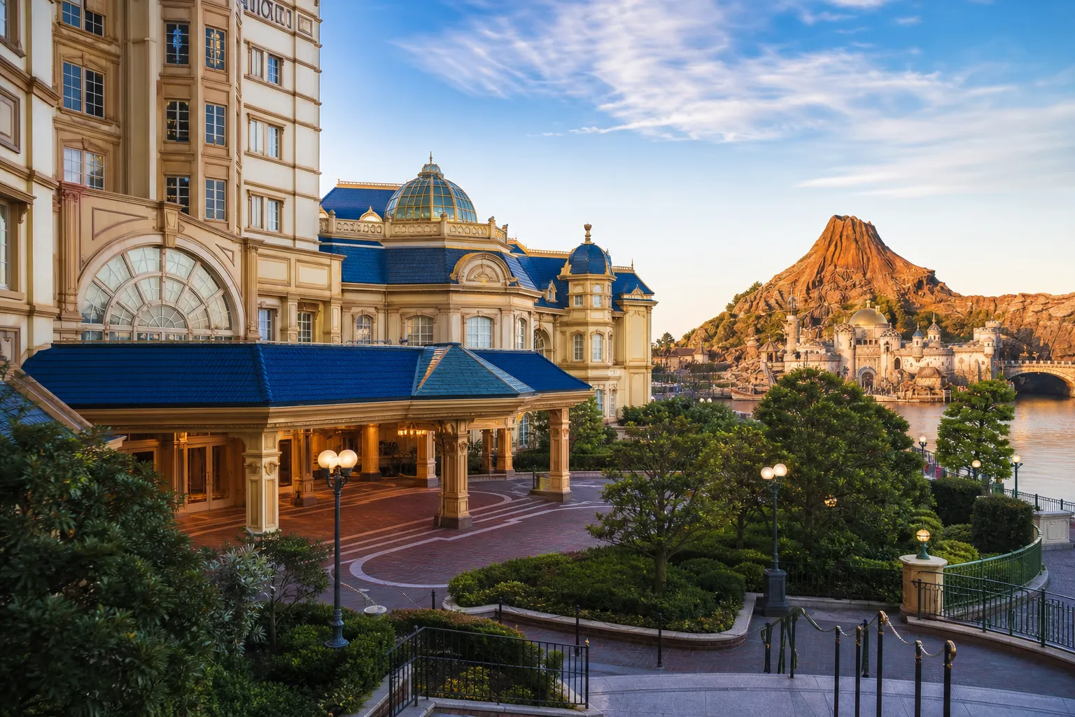 Grand luxury hotel entrance near Tokyo DisneySea with refined evening lighting