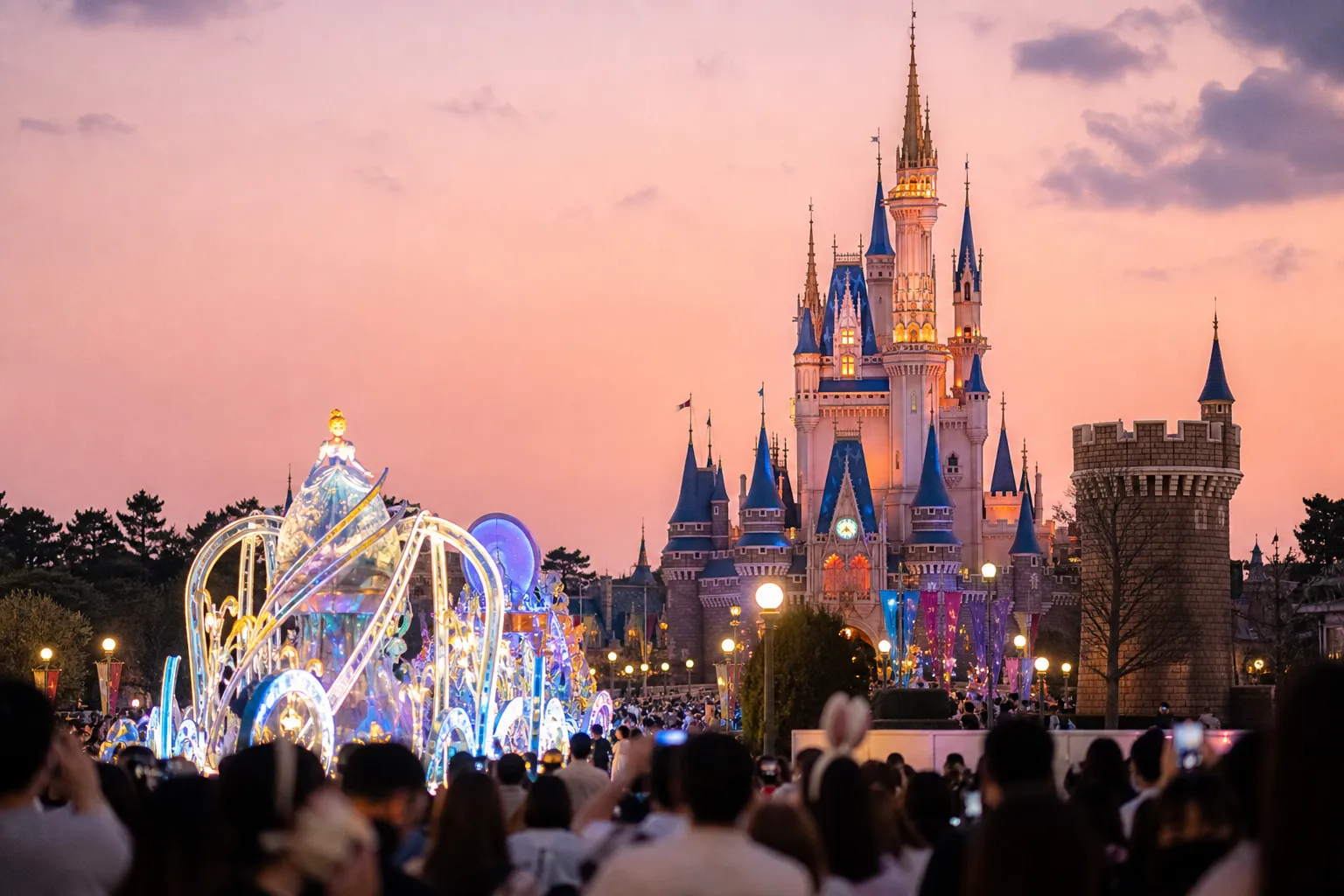 Tokyo Disneyland castle illuminated at twilight during summer evening hours