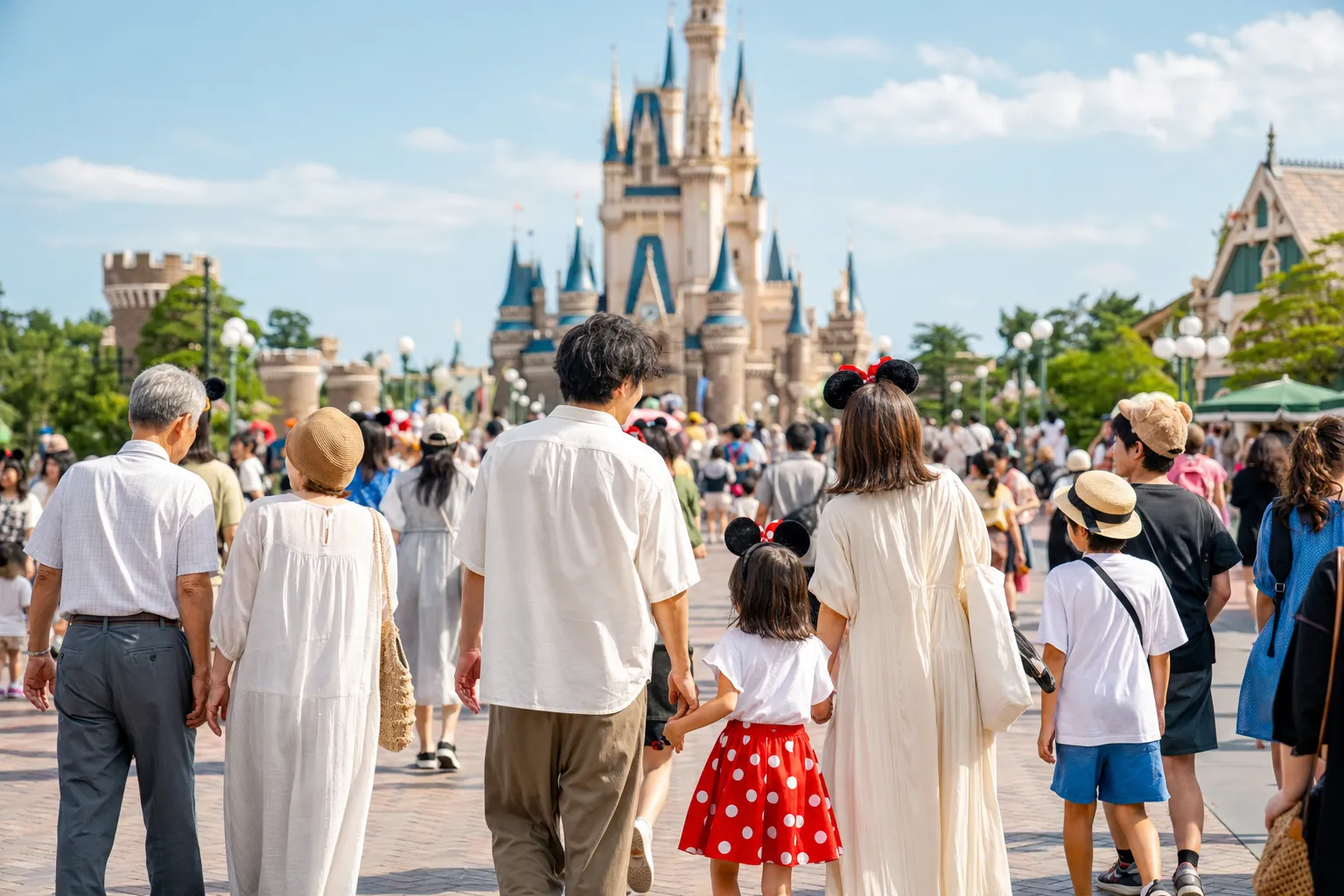 Multigenerational family walking calmly through a theme park promenade in afternoon light