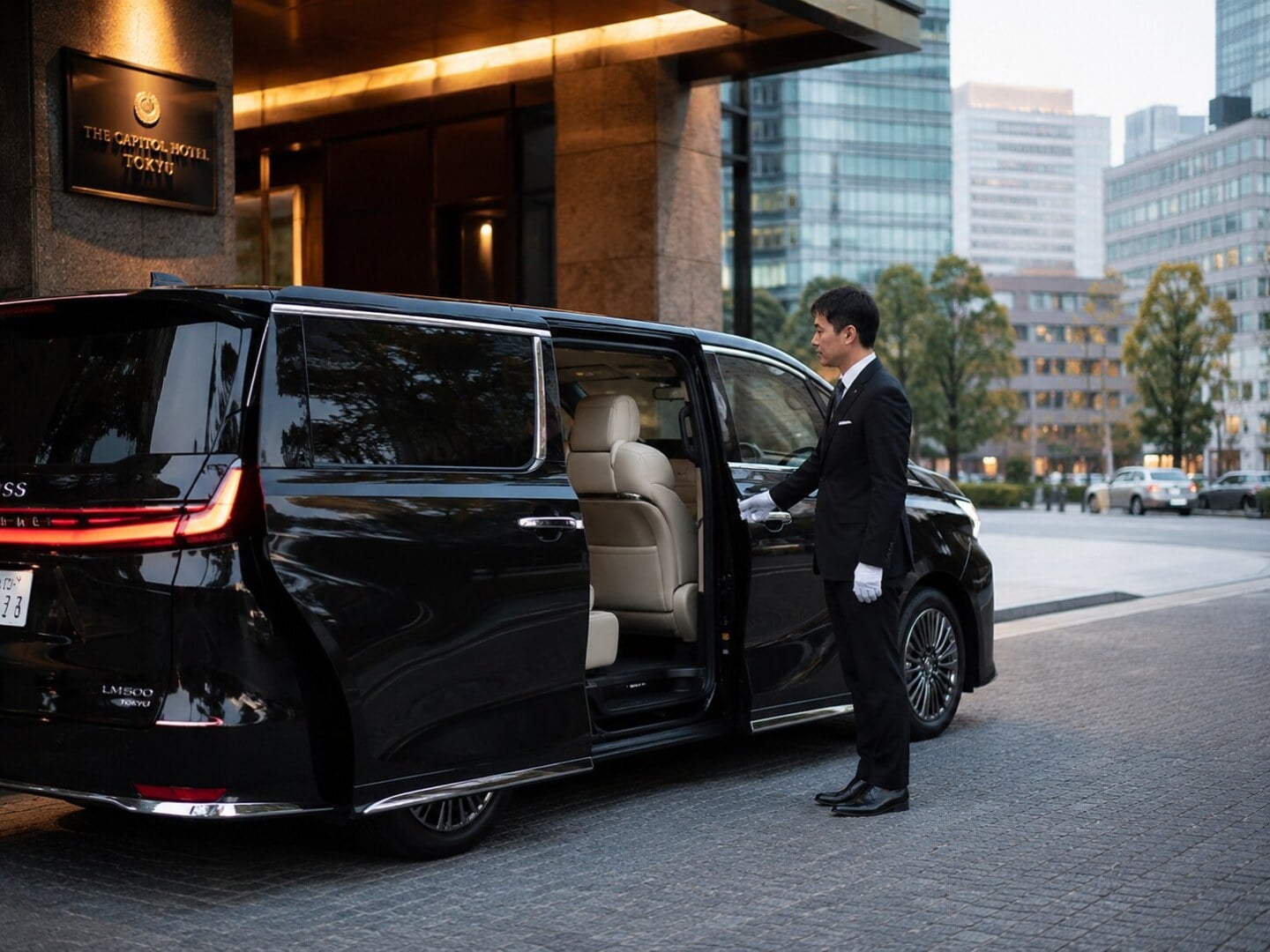 A luxury black private chauffeured vehicle waiting outside a high-end Tokyo hotel with the door held open by a professional driver.