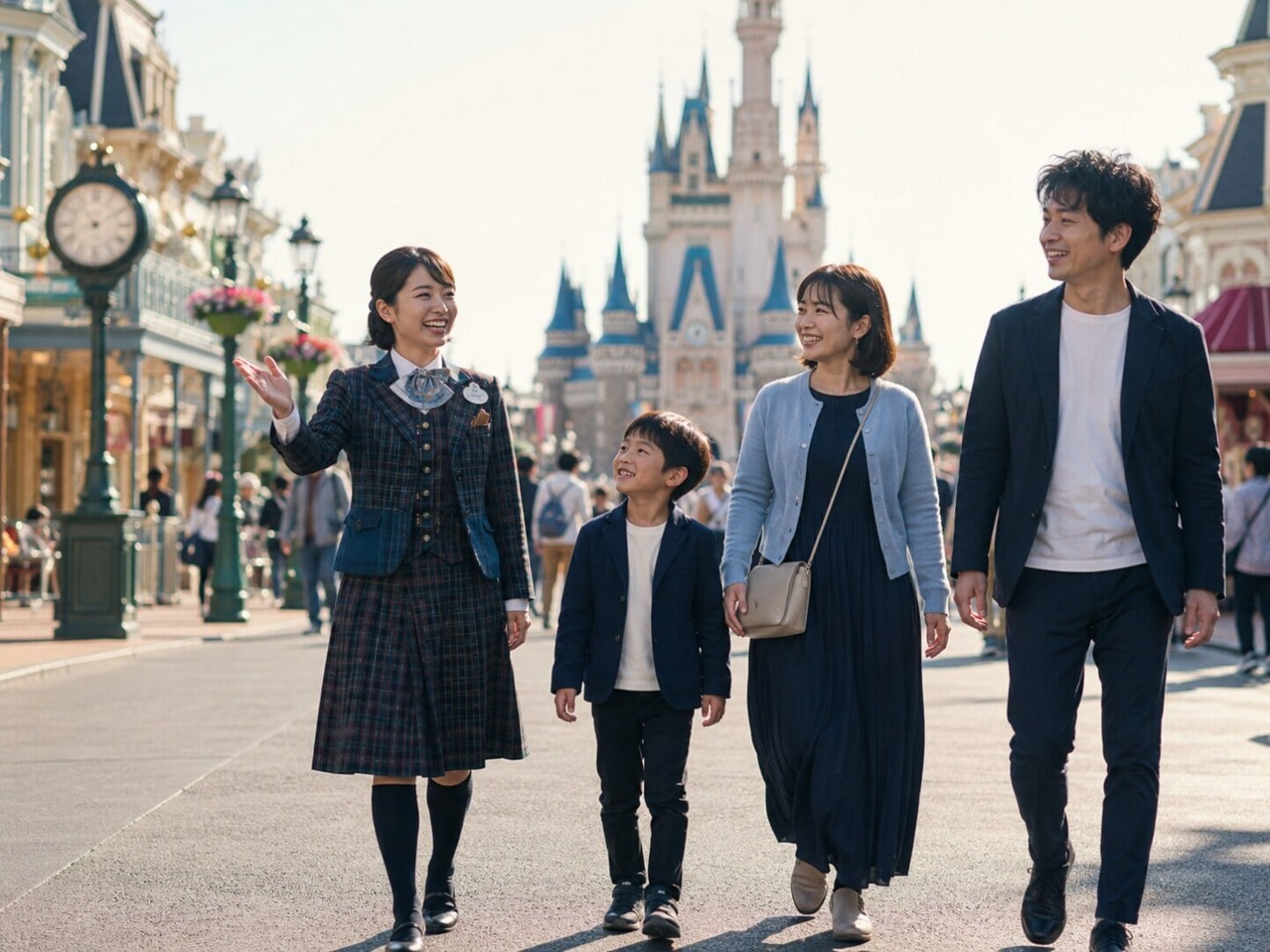 A Disney VIP Tour Guide in a plaid uniform leading a family through the park.