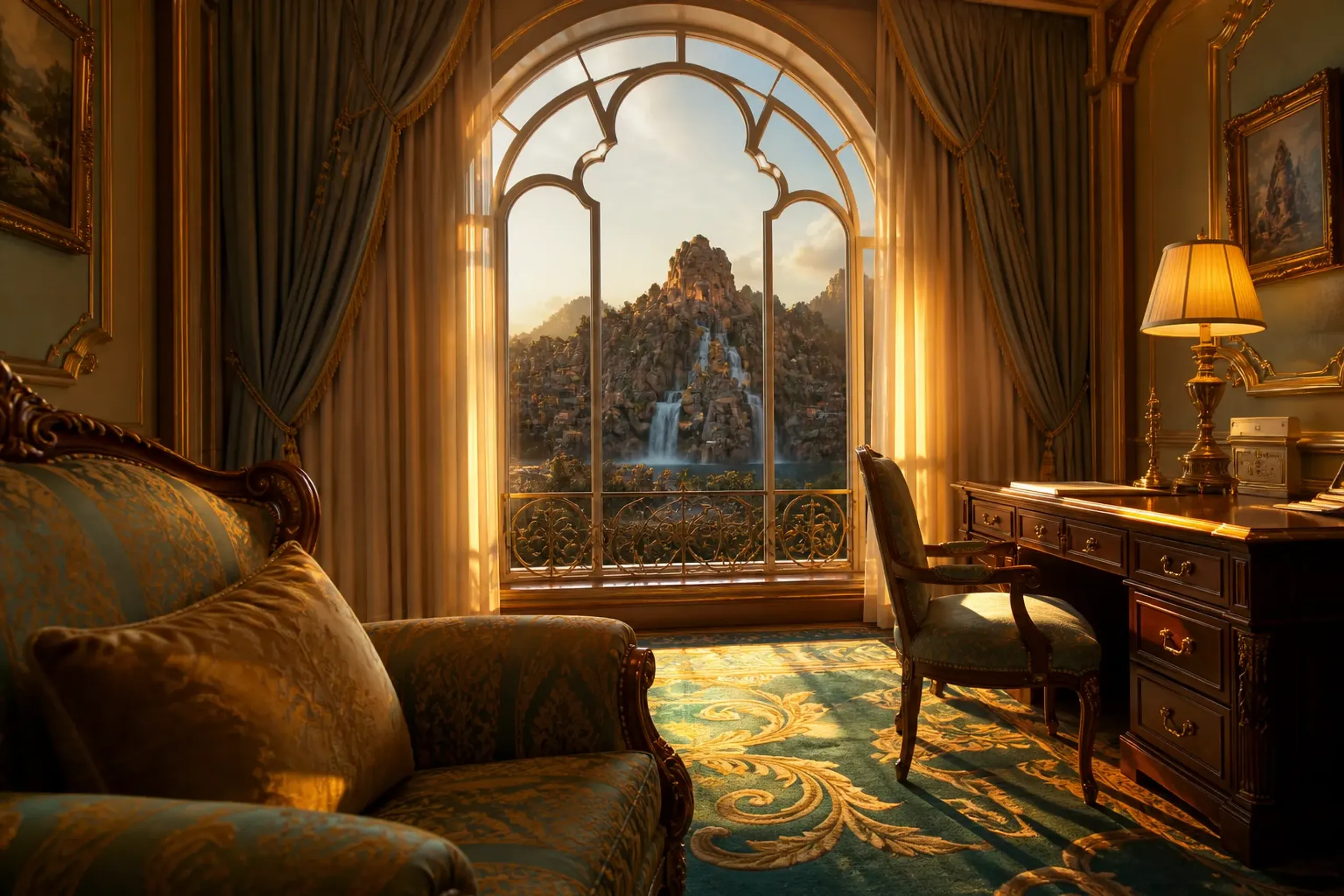 the Grand Chateau room at Tokyo DisneySea Fantasy Springs Hotel, with its window framing the Fantasy Springs mountain and waterfalls