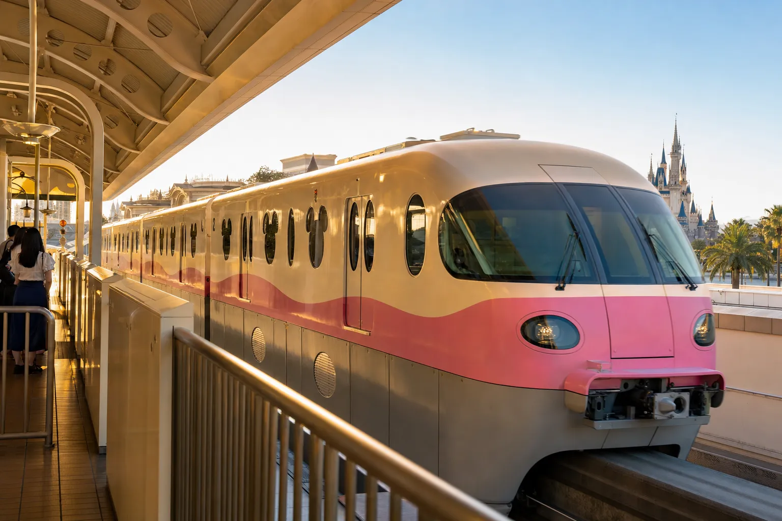 Tokyo Disney Resort Line monorail arriving at Resort Gateway Station in the morning