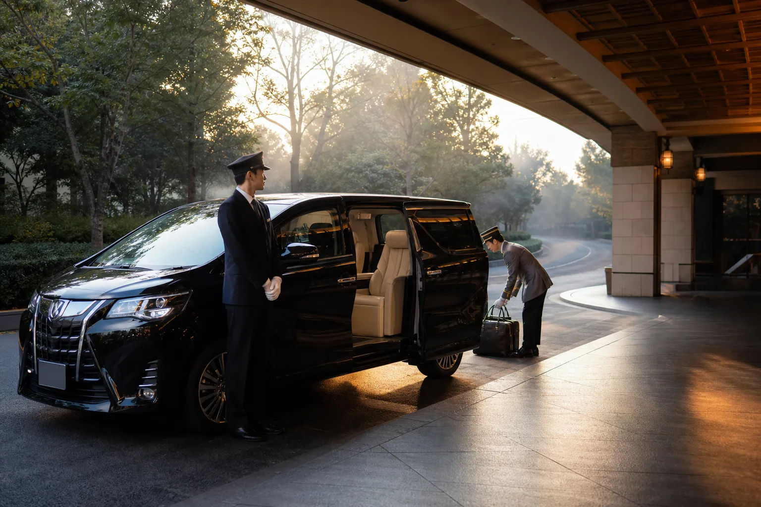Chauffeured luxury minivan waiting discreetly at a Tokyo hotel driveway