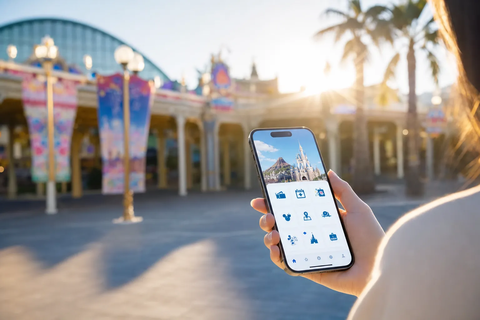 Guest viewing the Tokyo Disney Resort App near the park entrance in the morning