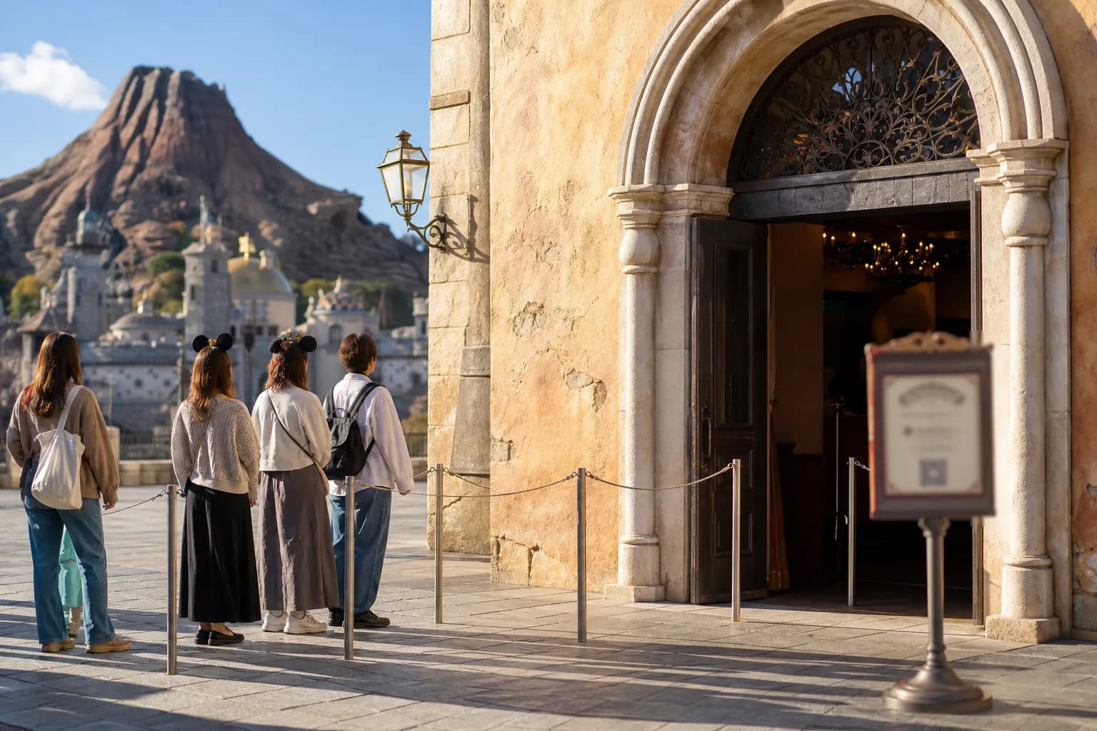 Tokyo DisneySea shop entrance area with guests waiting near queue stanchions