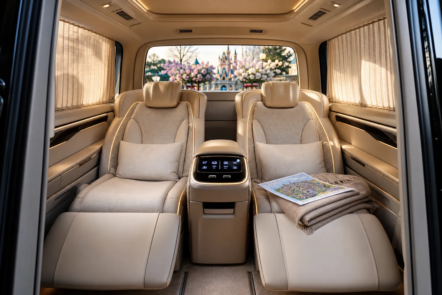Luxury chauffeured vehicle interior with executive rear seats and quiet lighting