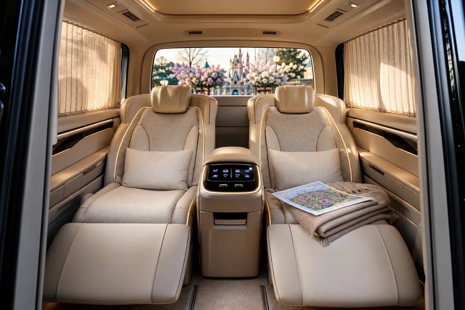 Luxury chauffeured vehicle interior with executive rear seats and quiet lighting
