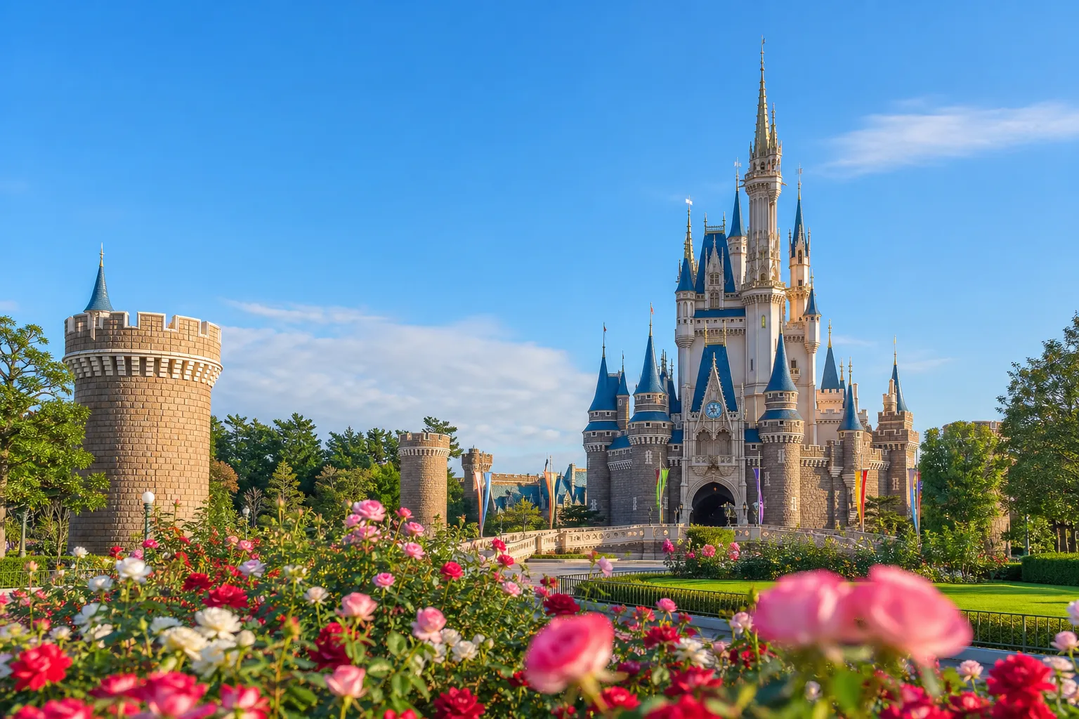 Cinderella Castle at Tokyo Disneyland on a bright day, framed by rose gardens