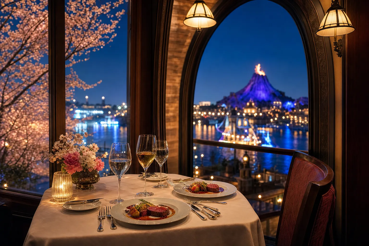 An upscale private dining table setting at a Tokyo Disney Resort hotel restaurant.